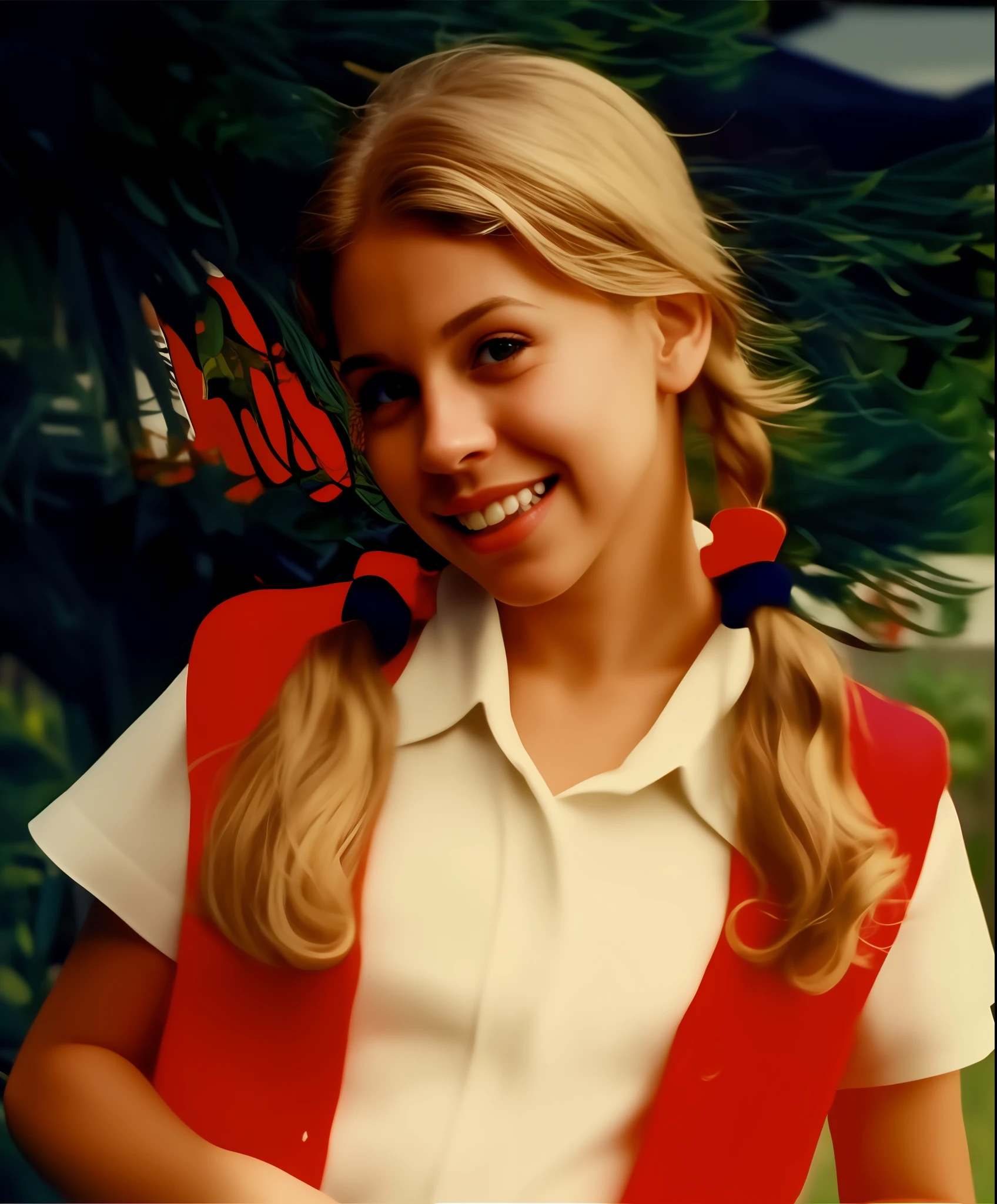 There's a young woman in a red vest and a white shirt, Jovem Scarlett Johansson, Annabeth Chase, Annasophia Robb, lindsey olhar, a jovem Carrie Fisher, menina da escola, linda jovem alison brie, Dia de Corinne, filme de alta qualidade ainda, Sandra, clear sharp todd solondz face, Annasophia Robb como Joana D'Arc, Taylor Swift como um menino