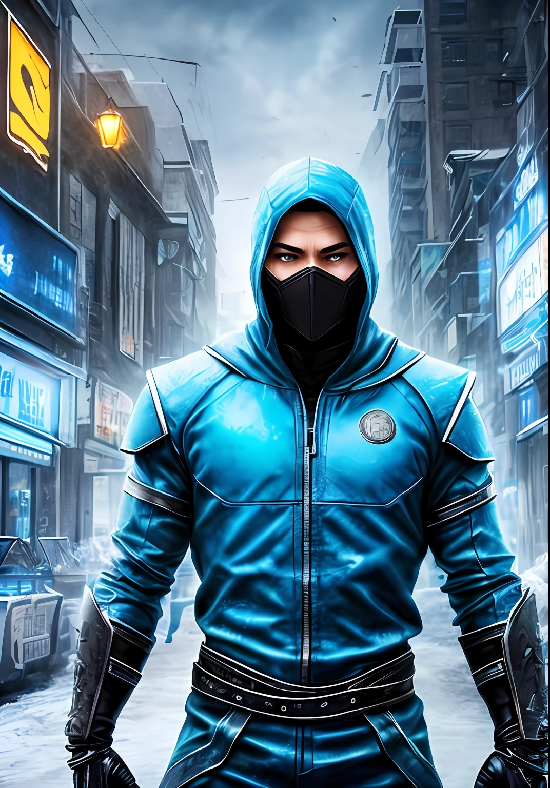 sub zero, cinematic, hyperrealistic, photo, skin detailed, hdr, cinematography, ice city background, BITCOIN