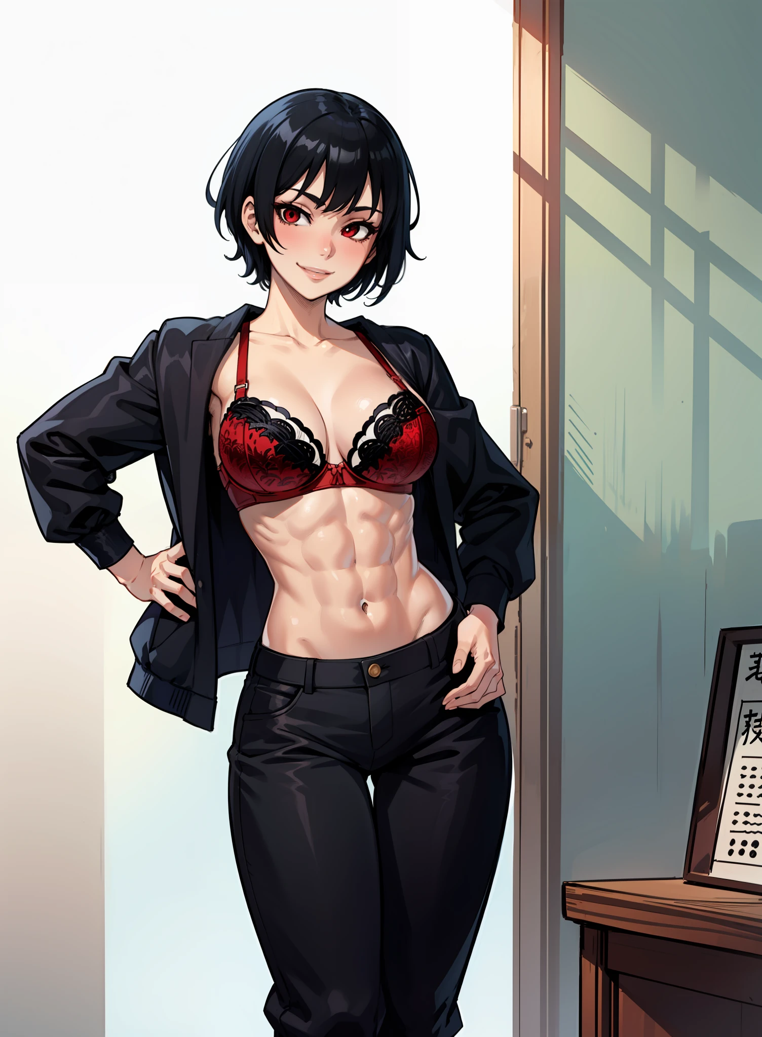 Solo anime girl (1girl) a manga drawing by Kentaro Miura, trending on pixiv, shin hanga, Red bra, (Red Bra) ((No shirt)), baggy pants, Red eyes, toned body, abs, seductive anime girl, teasing smile, Black Hair, Short hair, Hairstyle: Short Pixie Cut (sfw) safe for work, sfw version, top rated on pixiv, oppai, gapmoe yandere, handsome anime pose, hair is short on the sides and on the top, pretty hands, good anatomy