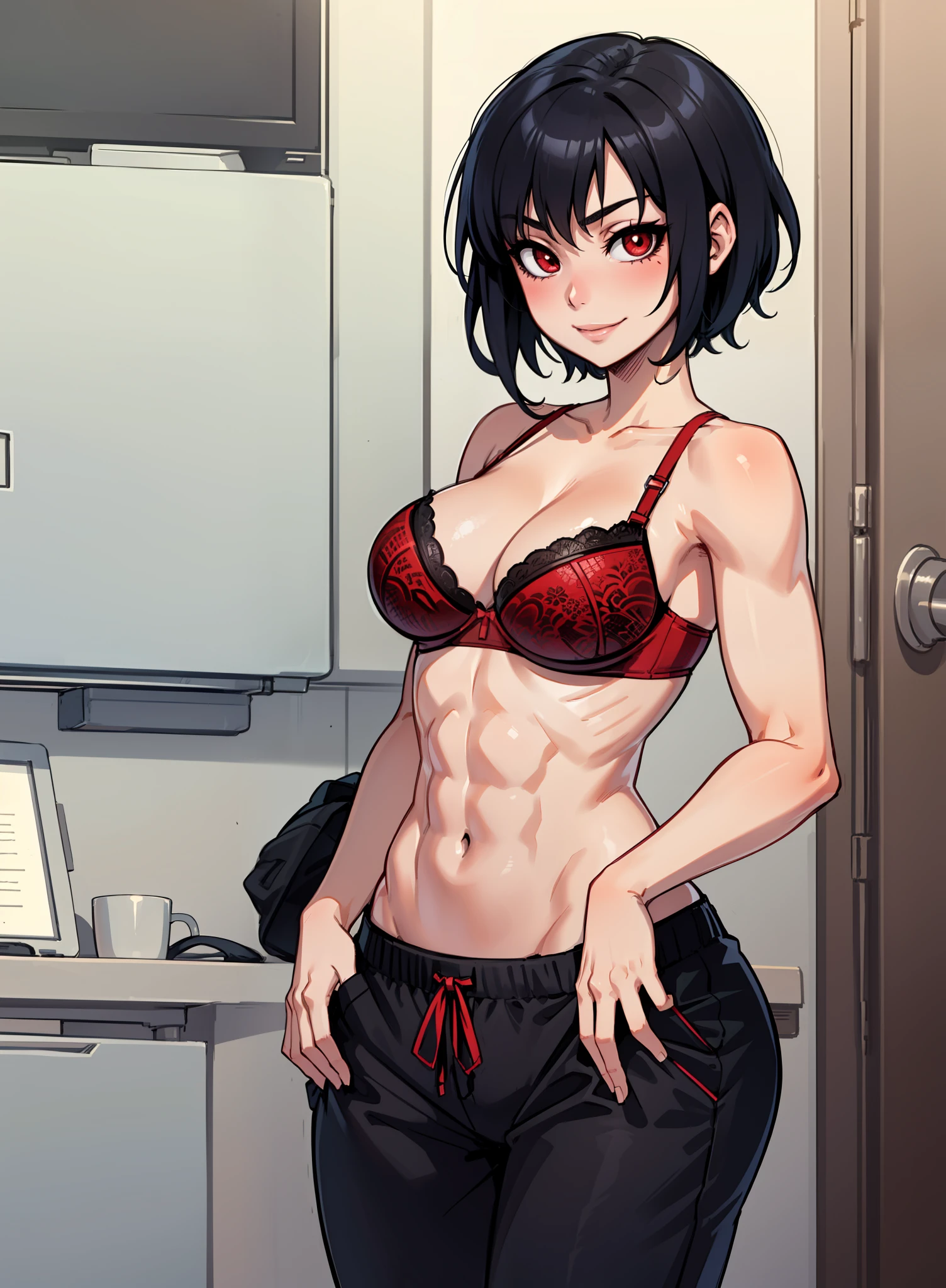 Solo anime girl (1girl) a manga drawing by Kentaro Miura, trending on pixiv, shin hanga, Red bra, (Red Bra) ((No shirt)), baggy pants, Red eyes, toned body, abs, seductive anime girl, teasing smile, Black Hair, Short hair, Hairstyle: Short Pixie Cut (sfw) safe for work, sfw version, top rated on pixiv, oppai, gapmoe yandere, handsome anime pose, hair is short on the sides and on the top. ((ONLY ONE WOMAN))