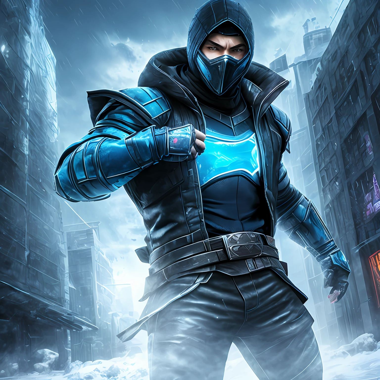 sub zero, cinematic, hyperrealistic, photo, skin detailed, hdr, cinematography, ice city background, BITCOIN