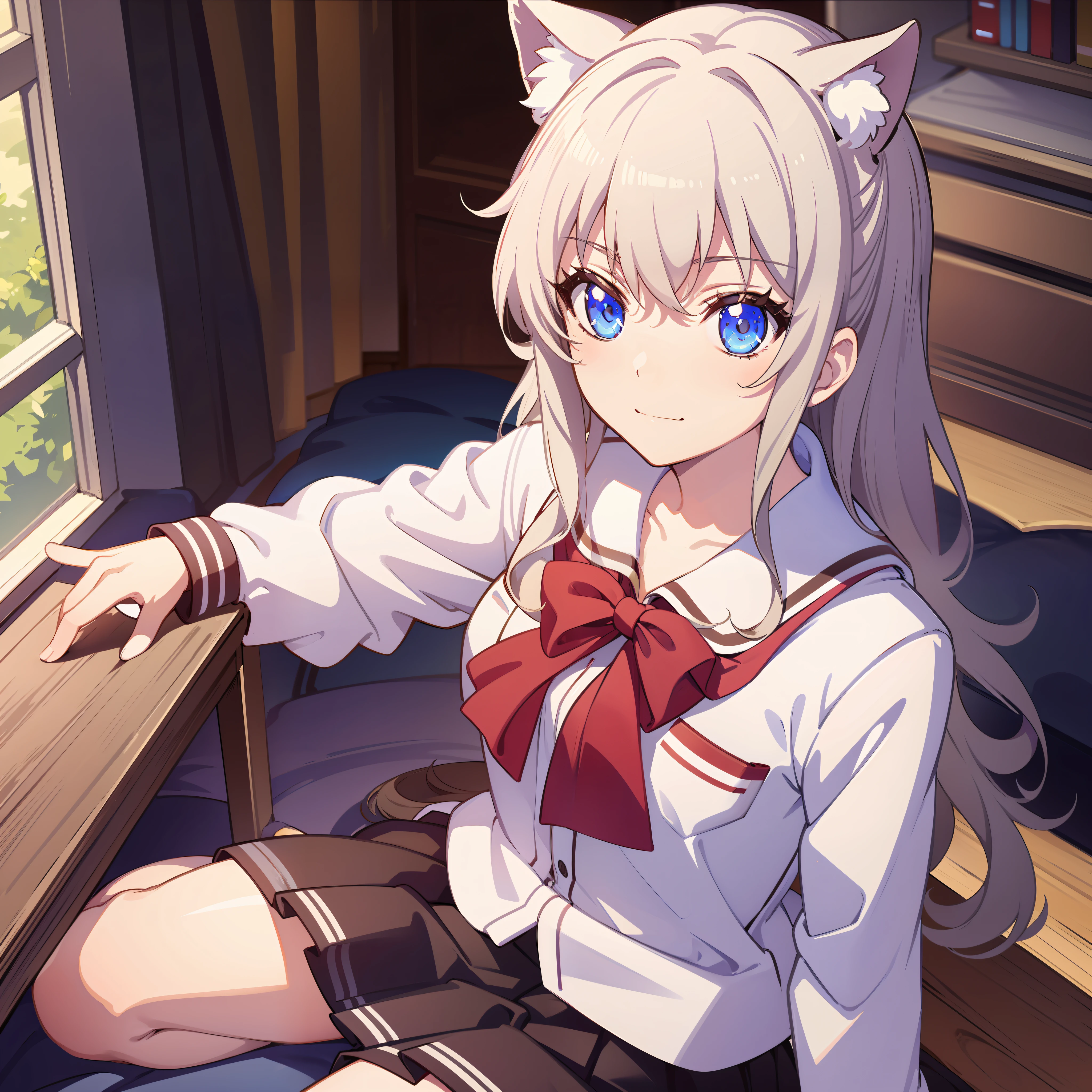 Best quality, (Masterpiece:1.2), Highly detailed,, School bedroom indoors, Cat ears, 1girll, Solo, tojo koneko, looking at viewert, Closed mouth, Slight smile, From above, White hair, hair adornments, school uniform,, Brown skirt, Black neck ribbon