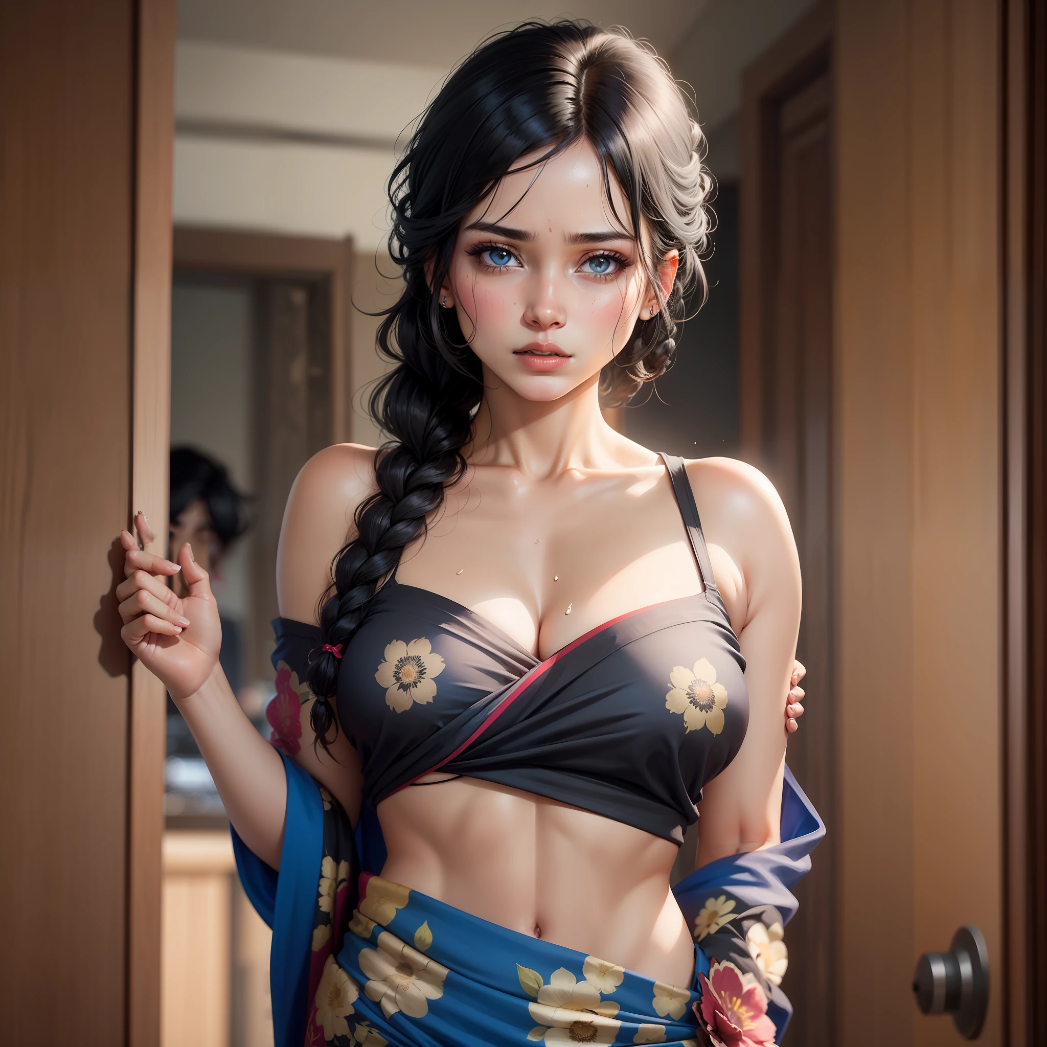 Sexy woman, black hair, messy single braid, sweaty, tired, black blouse, blue floral saree, perfect body
