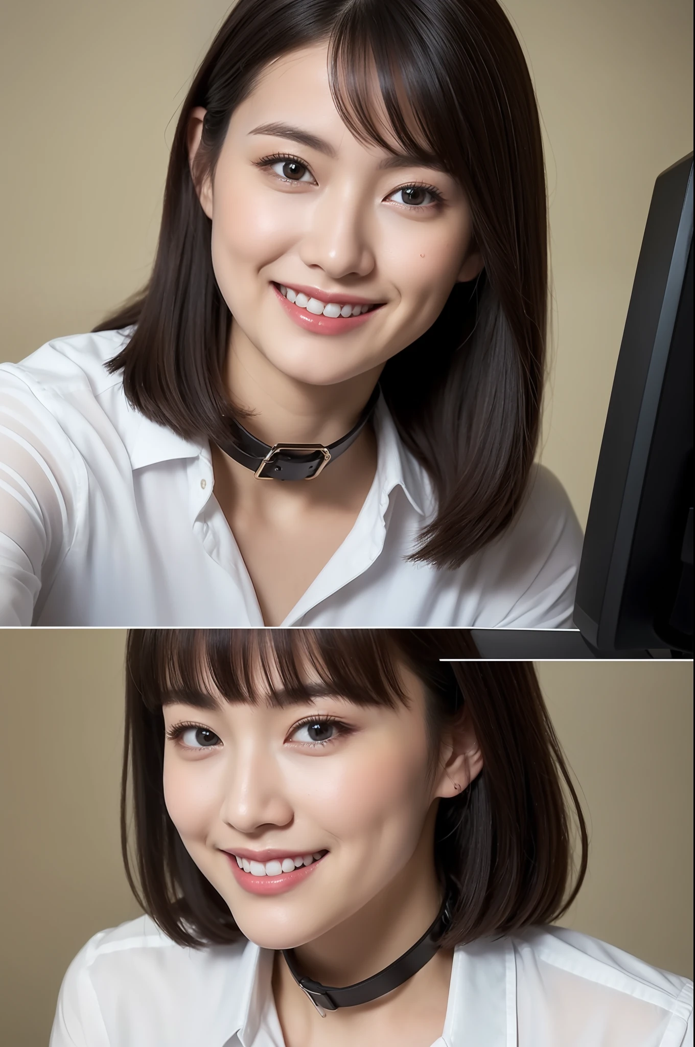 (8K、top-quality、​masterpiece:1.2)、(realisitic、Photorealsitic:1.37)、ultra-detailliert、20yr old、cute little、独奏、Beautiful detailed sky、Detailed Office、natta、sitting on、(blush of the nose)、(A smile:1.15)、(Smile with closed mouth)、Medium chest、beatiful detailed eyes、(shirt with collar:1.1)、natta、wet​、business clothes、Sateen、(shorth hair:1.2)、pureerosface_v1、computers、detail finger、Beautiful Detail Face、