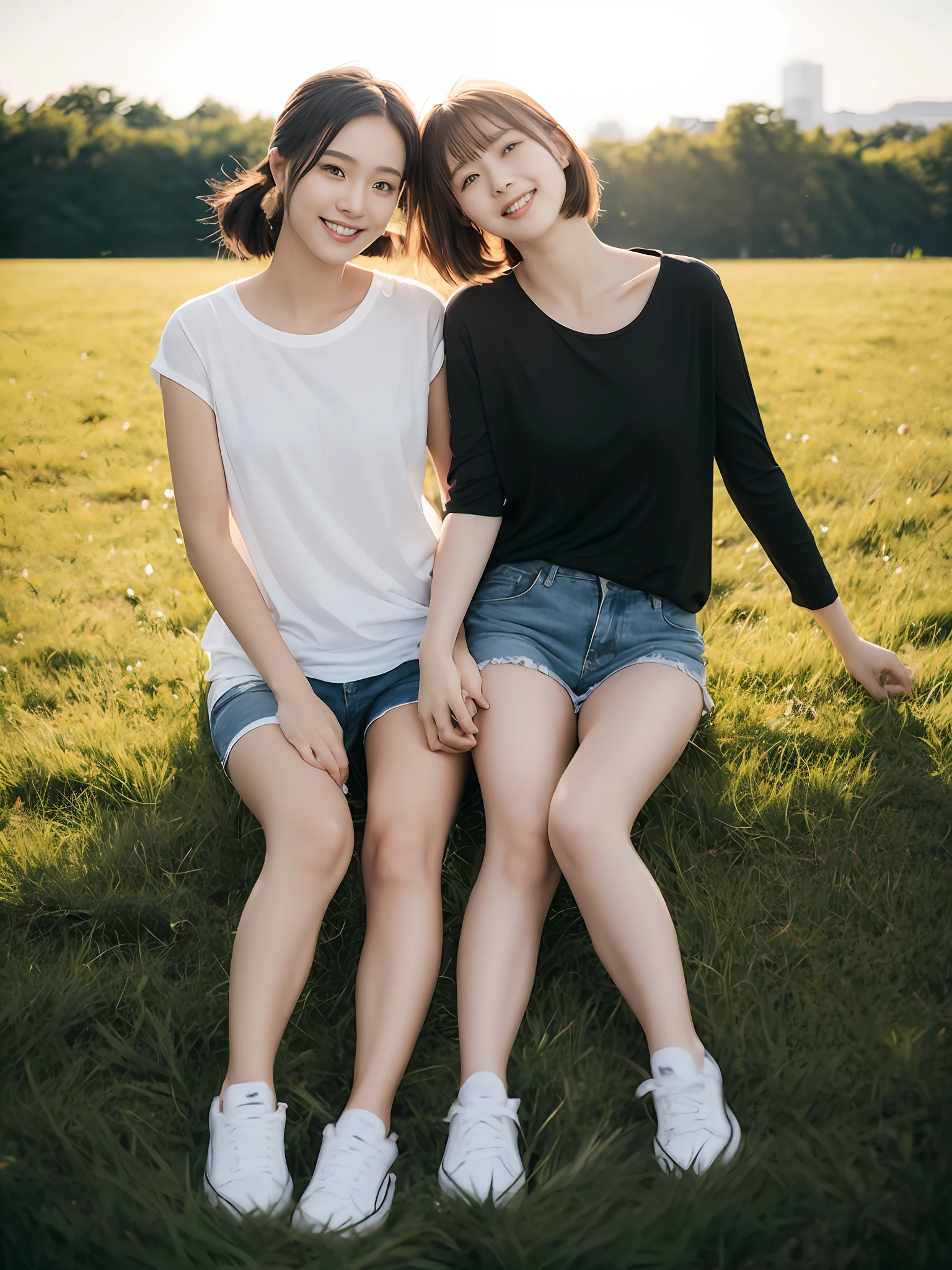 （超高分辨率，RAW photogr，realisticlying，tmasterpiece，best qualtiy：1.4），Complicated details，3个女孩，3 20 year old Korean girl，Wear a loose black T-shirt and skinny jeans，Stand on the grass and take pictures，hugs，Intimate relationships，Detailed meadow，A sweet smile on a small face，Ultra-realistic facial details，The face and skin are pink and white, and luminous，Playful and coquettish pose，The calves are straight and slender:1.2，Wear high-end brand sneakers:1.0，eventide：0.3，Broad lighting，naturalshadow：1.0，超高分辨率，taking a full body photo:1.8 --auto