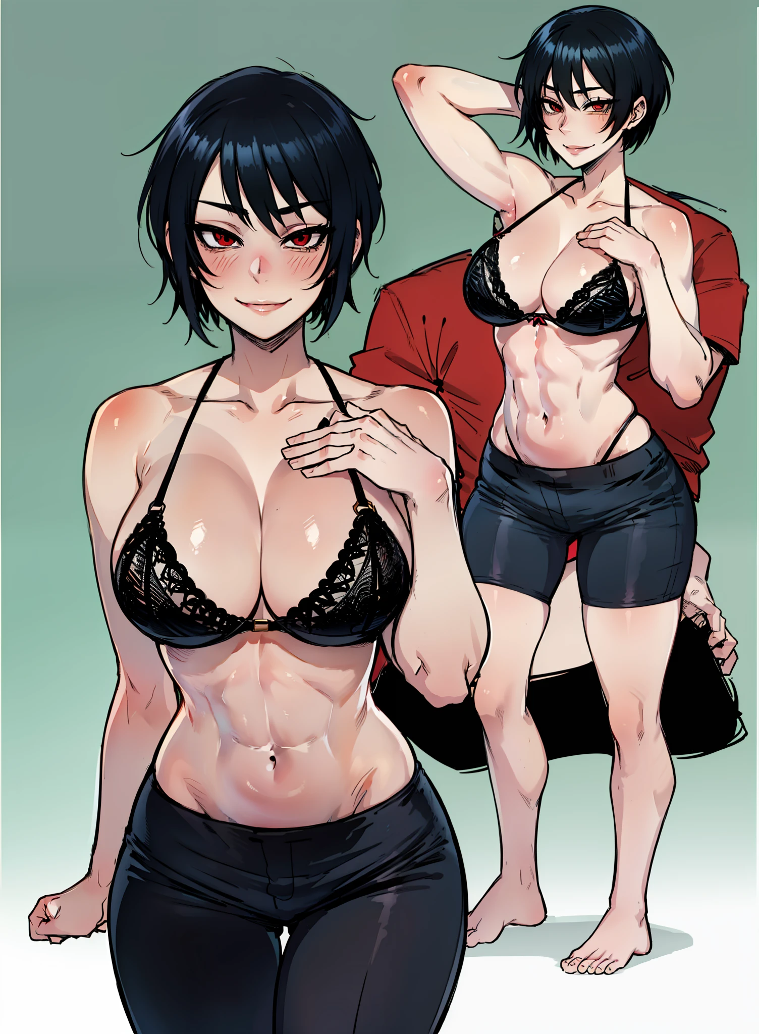 Solo anime girl (1girl) a manga drawing by Kentaro Miura, trending on pixiv, shin hanga, Red bra, (Red Bra) ((No shirt)), baggy pants, Red eyes, toned body, abs, seductive anime girl, teasing smile, Black Hair, Short hair, Hairstyle: Short Pixie Cut (sfw) safe for work, sfw version, top rated on pixiv, oppai, gapmoe yandere, handsome anime pose, hair is short on the sides and on the top, pretty hands, good anatomy