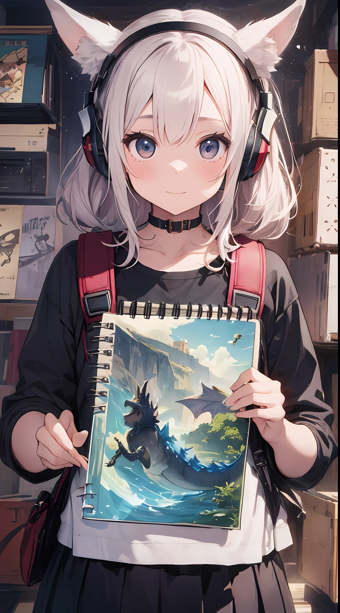 She created an amazing image of a girl who dreams of flying in the sky with her pet dragon. The images have a colorful and whimsical atmosphere, And the girl and the dragon look very happy and free. The image has、There are also details that indicate the character and hobbies of the girl, Her headphones and more, Her backpack, and her sketchbook. The image impressed the judges and readers with its originality and creativity.