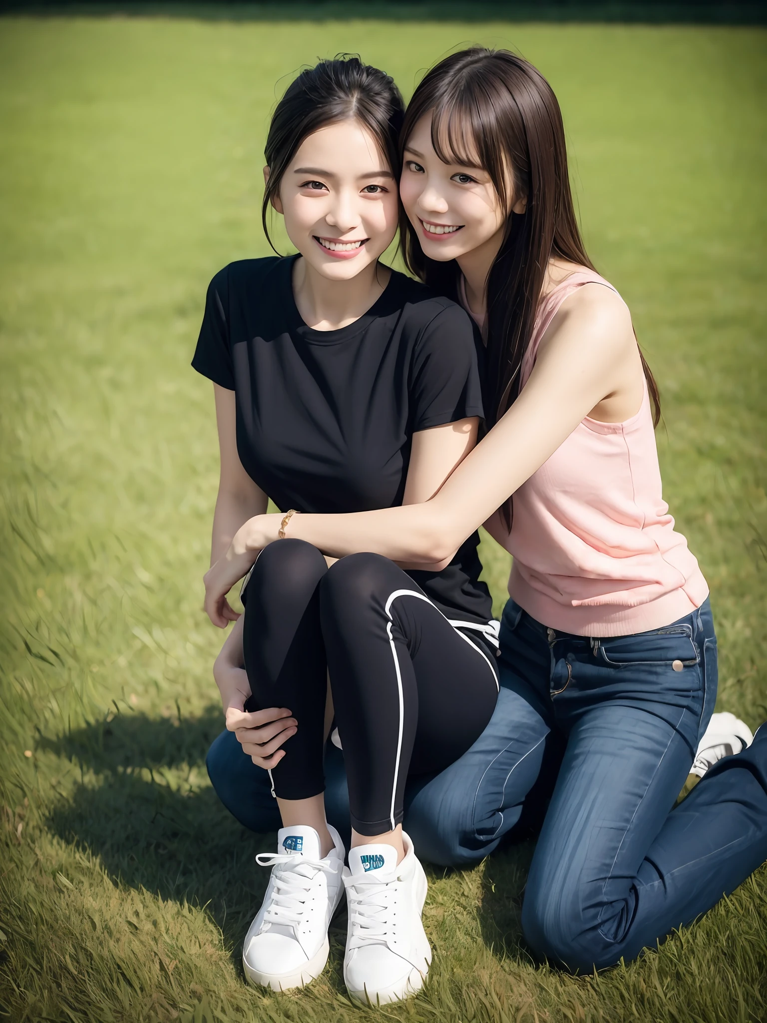 (超高分辨率,RAW photogr,realisticlying,tmasterpiece,best qualtiy:1.4),Complicated details,2 20 year old Korean girl,Wear a loose black T-shirt and skinny jeans,Stand on the grass and take pictures,hugs,Intimate relationships,Detailed meadow,A sweet smile on a small face,Ultra-realistic facial details,The face and skin are pink and white, and luminous,Playful and coquettish pose,The calves are straight and slender:1.2,Wear high-end brand sneakers:1.0,eventide:0.3,Broad lighting,naturalshadow:1.0,超高分辨率,taking a full body photo:1.8 --auto