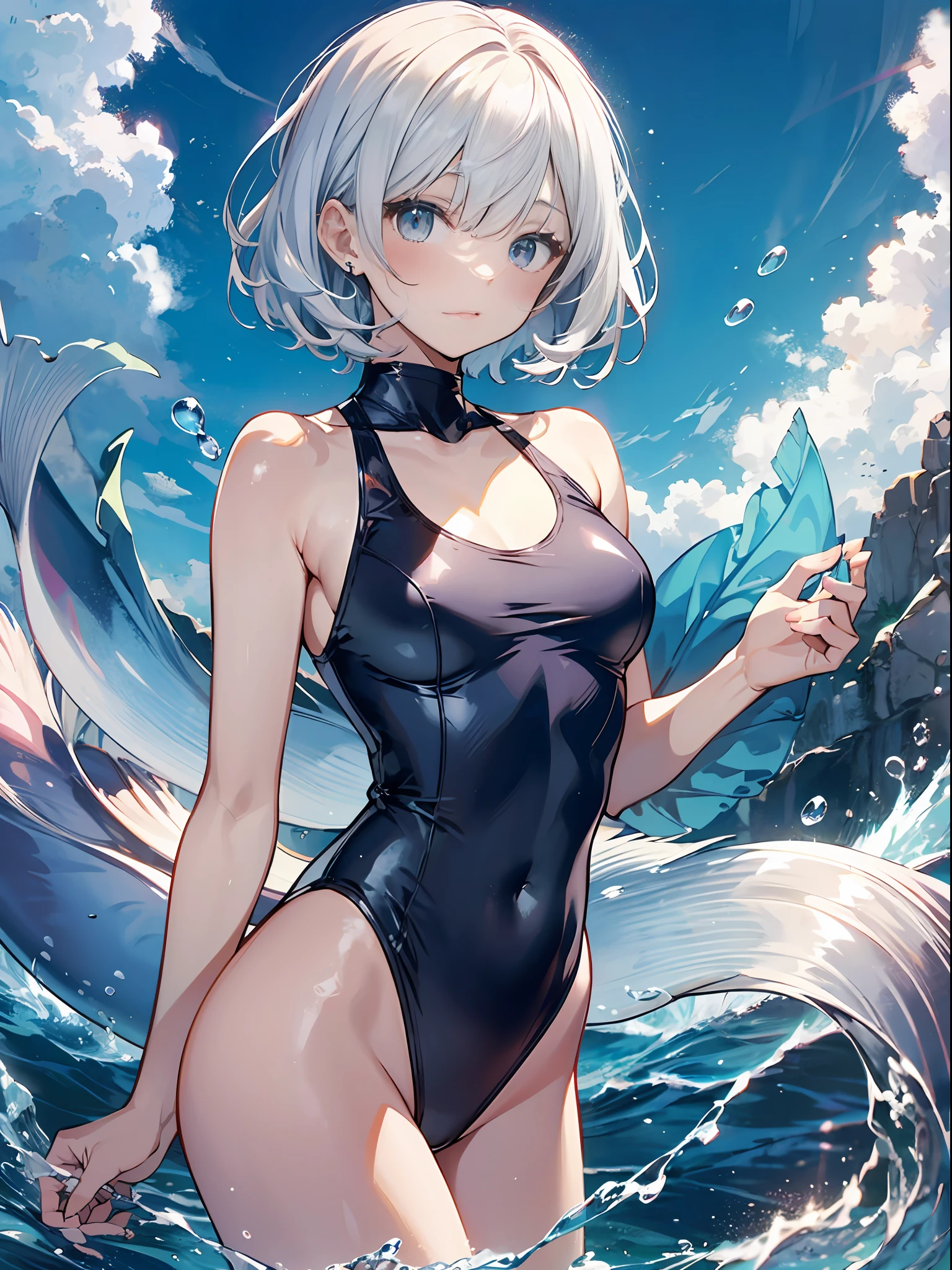 mermaids、high-level image quality、top-quality、Detailed drawing、Does not blush cheeks、Slender beauty、Docile、Ninja、Sailorsk swimsuit、Small eyes、Smaller chest、Contrasty、Ultra-short hair with white hair color、Bery short hair