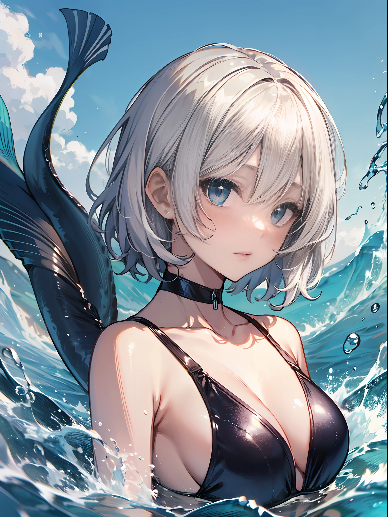 mermaids、high-level image quality、top-quality、Detailed drawing、Does not blush cheeks、Slender beauty、Docile、Ninja、Sailorsk swimsuit、Small eyes、Smaller chest、Contrasty、Ultra-short hair with white hair color、Bery short hair