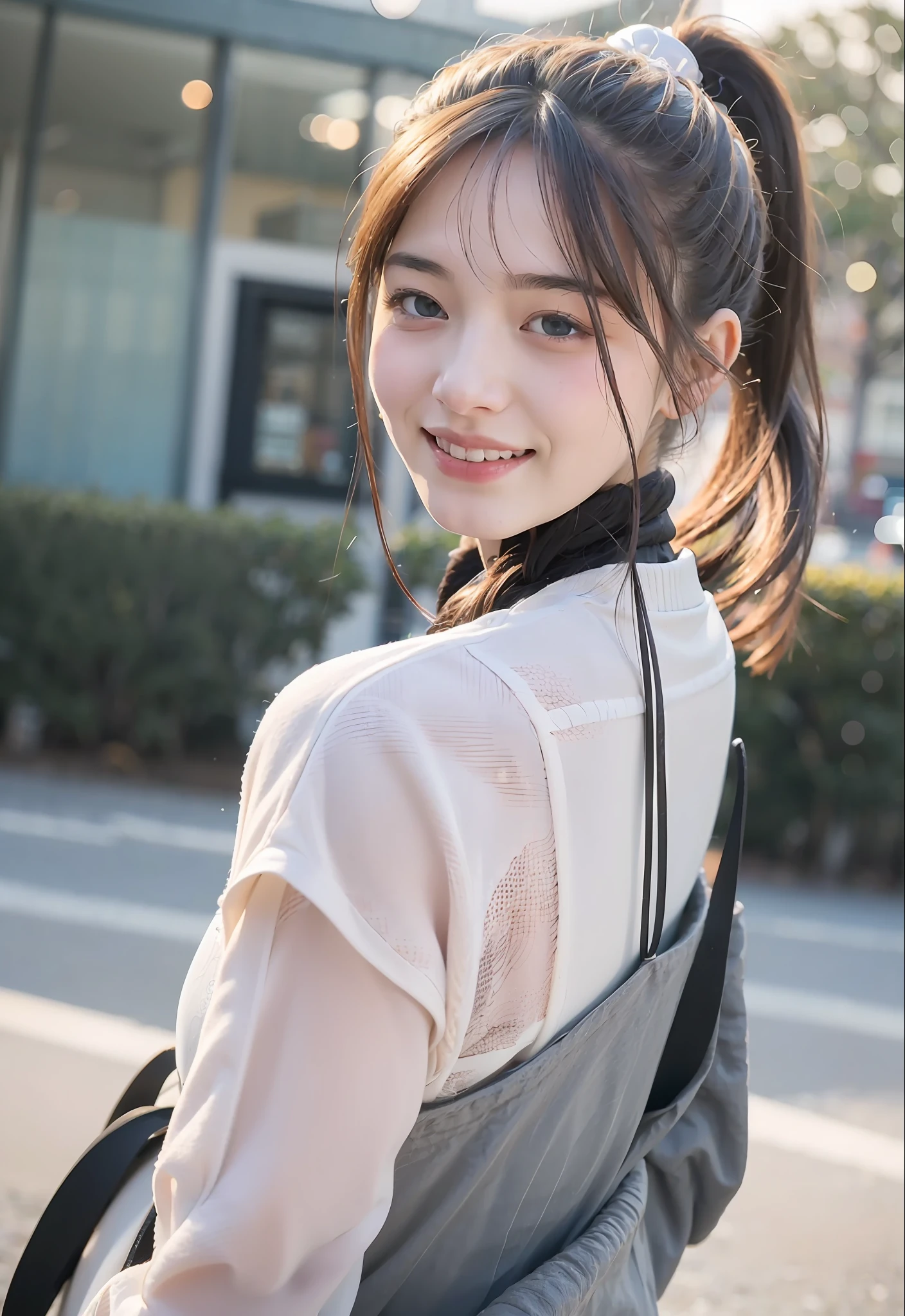 mix4,(8K, RAW photo, Best quality, Masterpiece:1.2), (Realistic, photo-realistic:1.37),((1girll)),aged down,Cute,Outdoors, day, Sunlight, Professional lighting, photon maping, Radio City, Physically-based rendering,Chinese,((Full body shot, Silver hair:2, High ponytail:1.2,Perfect face,Perfect eyes,)),((Inverted, Goddess,Smile, arms back behind,
