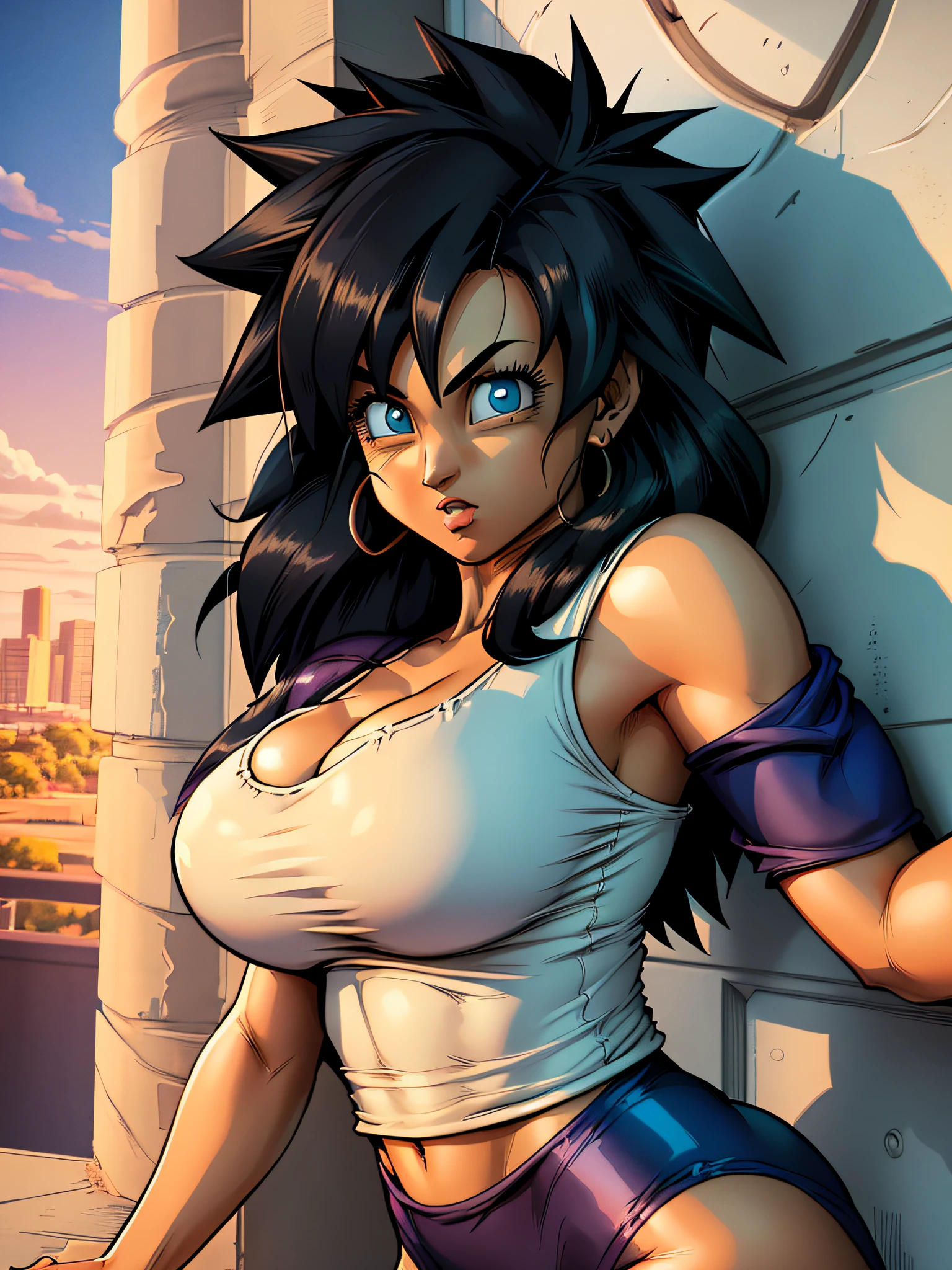 woman (milf) videl1, thick black eyebrows, large natural breasts, very long spiky golden hair with aura, bangs, (cute symmetrical face), front view, curvy, ((Super Saiyan)) From Dragon Ball, b4ttl3 (black saiyan armor), (orange bodysuit), midriff, cleavage, cowboy portrait, face centered, looking at viewer, pastel colors, night, moonlight, film grain, ((masterpiece)), (best quality), (detailed), (soft shadows + skin texture), comics style, detailed eyes, pretty eyes, (solo)