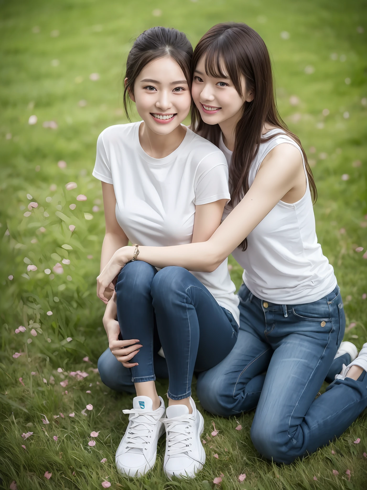 （超高分辨率，RAW photogr，realisticlying，tmasterpiece，best qualtiy：1.4），Complicated details，2 20 year old Korean girl，Wear a loose black T-shirt and skinny jeans，Stand on the grass and take pictures，hugs，Intimate relationships，Detailed meadow，A sweet smile on a small face，Ultra-realistic facial details，The face and skin are pink and white, and luminous，Playful and coquettish pose，The calves are straight and slender:1.2，Wear high-end brand sneakers:1.0，eventide：0.3，Broad lighting，naturalshadow：1.0，超高分辨率，taking a full body photo:1.8 --auto