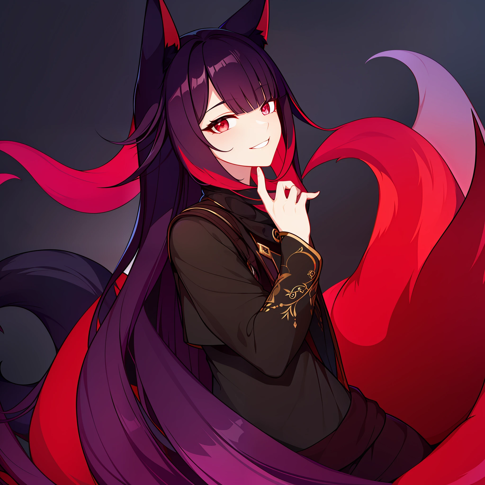 Young guy, pretty facial features, long dark purple hair, bright red eyes, black fit clothes with many details, fox ears and tail, playful gaze, mad smile
