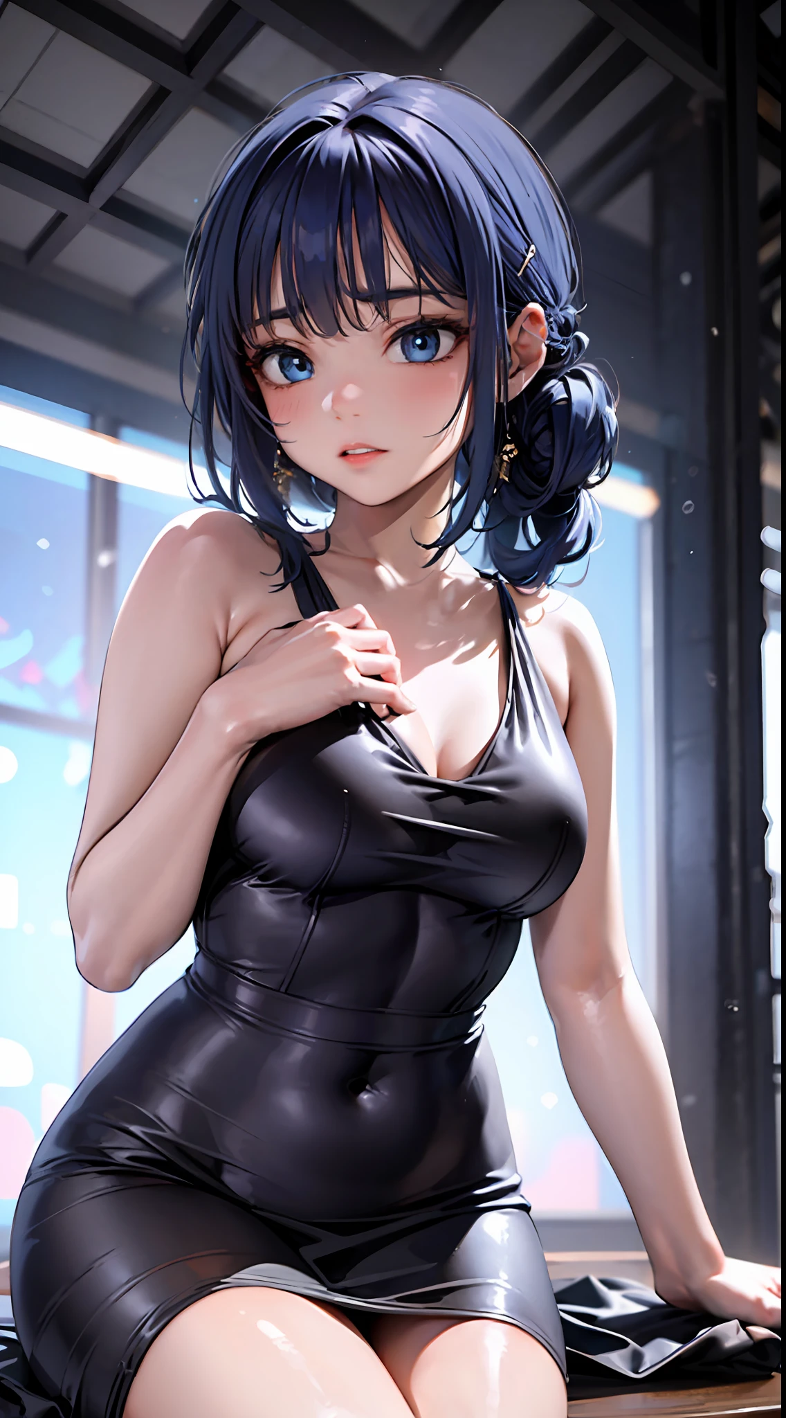 ((masterpiece)), (best quality), (detailed), (1girl), blue hair, blue eyes, updo, white shirt, black dress, looking down on the audience