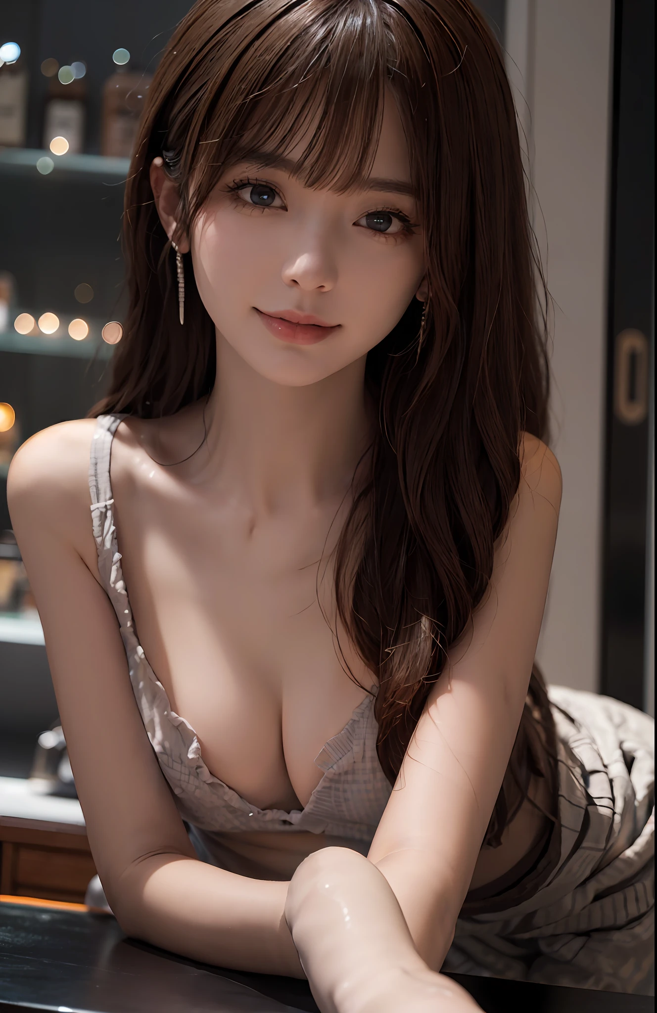 (Ultra photo realsisim), (illustration), (high resolution), (8K), (Very detailed), (Best Illustration), (Beautiful and detailed eyes), (Best quality), (Ultra detailed), (Masterpiece), (the wallpaper), (Detailed face), Solo, One girl, peeping at the viewer, finedetail, Detailed face, Dark Bar Counter, In the dark, Deep shadows, low tune, pureerosfaceace_V1, Smile, Long hair, Dark blonde shawl straight hair, bangs