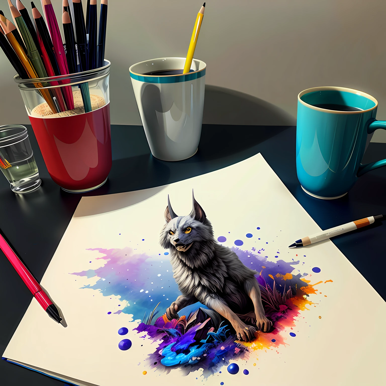 masterpiece, best quality of still life, paper, ink, pen, notebook, pencil, art by greg rutkowski and jesper ejsing and raymond swanland, trending on artstation, cgsociety, deviantart, 8k, HD, sharp focus, high details, digital painting, concept art, illustration, vibrant colors, smooth gradients, photorealistic, octane render