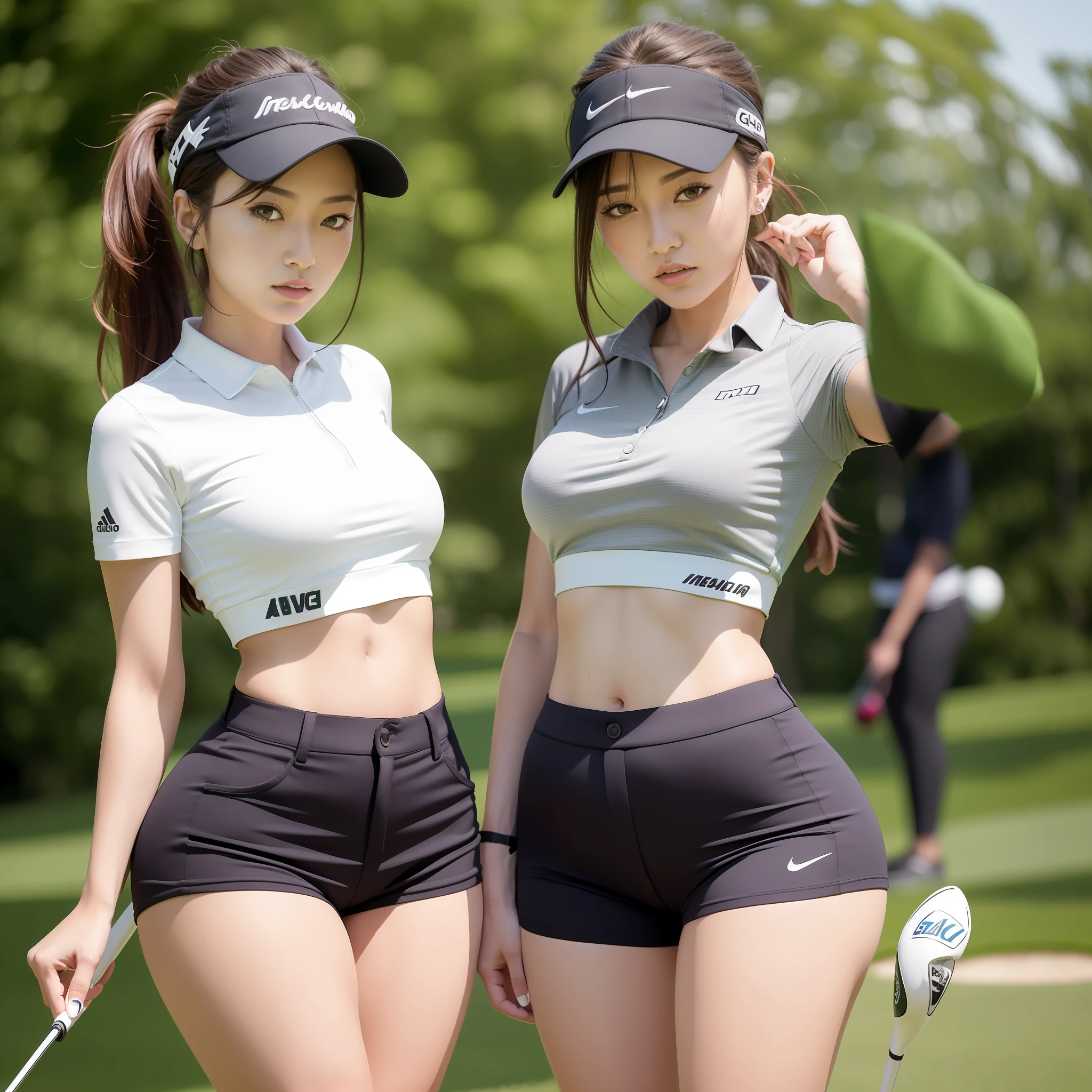 Alafed image of a woman playing golf and a woman playing golf, Wearing golf shorts, leg and hip shot, Leg and thigh shots, good hips and long legs, skinny waist and thick hips, hip and leg shot, leg shot, large thighs, widest hips, shin min jeong, professional sports style, Sporty, Long legs, Round thighs