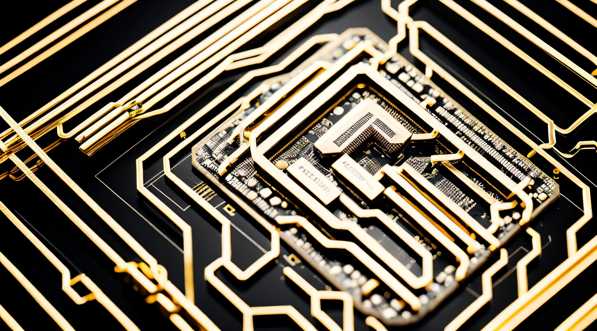 Grids of white and black processor parts interconnected by gold wires. Luz com desfoque. muito detalhado.