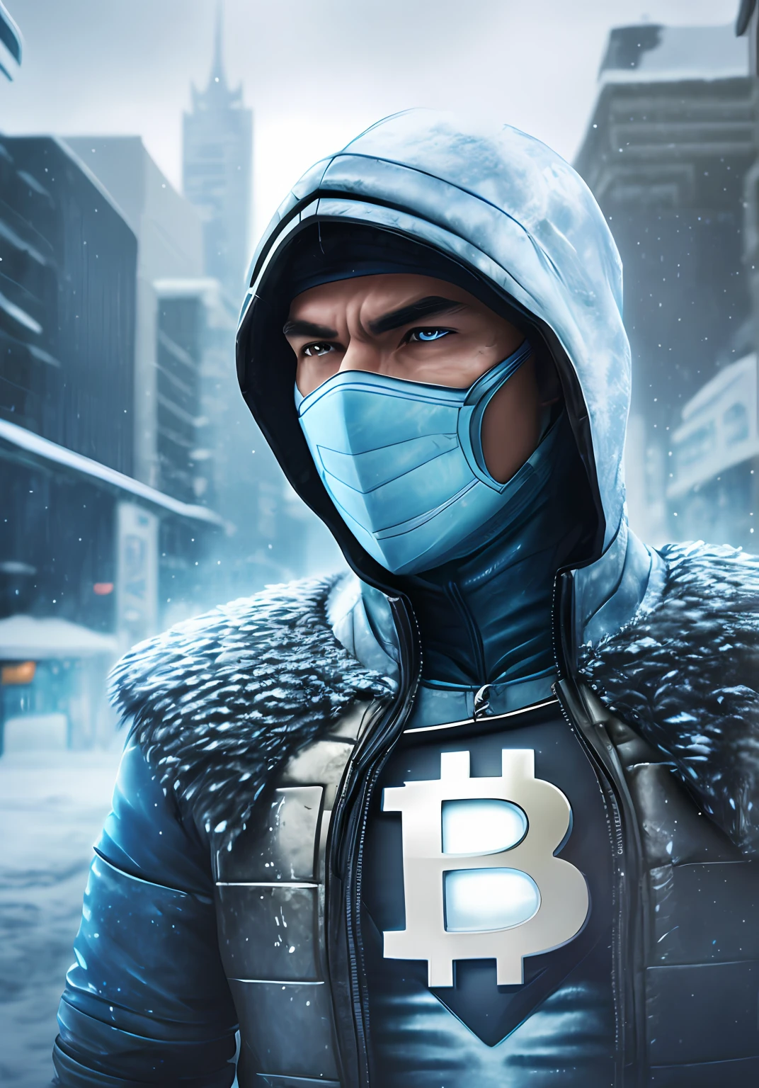 sub zero, cinematic, hyperrealistic, photo, skin detailed, hdr, cinematography, ice city background, BITCOIN