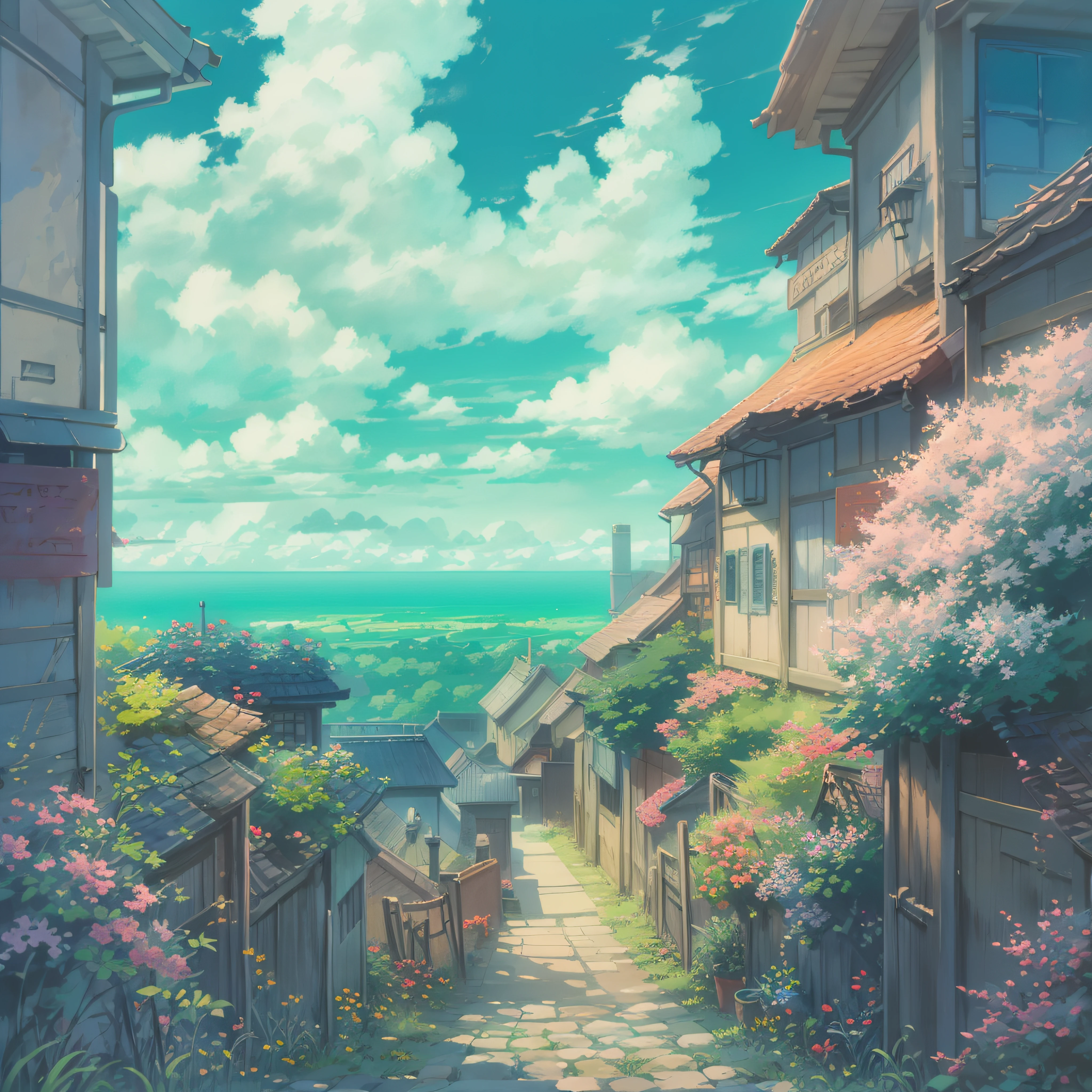 animesque、Skyscape with clouds、Landscape without buildings、You can see the touch of the brush、Studio Ghibli、Ghibli、a sultry、Scenery、Style、sky line、summer vacation