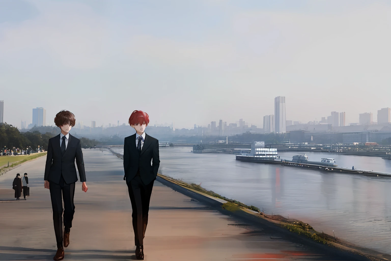 Jungkook and Taehyung walking in the han river