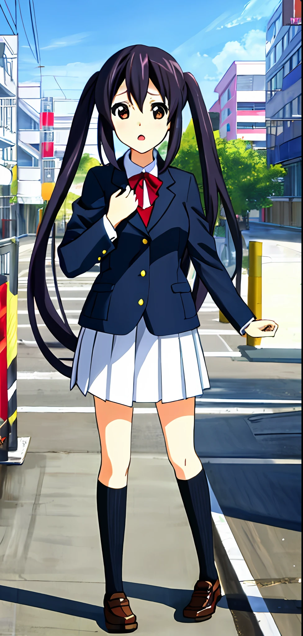 1girl, (((​masterpiece))), top-quality, top-quality, High Details, nakano azusa, 1girl, Sakuragaoka High School Uniform, student clothes, Twin-tailed, length hair, A dark-haired, brown-eyed, 独奏, reddish, Dark blue blazer with thin red ribbon, Solid white buttoned shirt under blazer, illustratio, comic strip, soothing tones, Subdued Color, Soft cinematic light, adobe lightroom, photolab, HDR, intricately and hyper-detailed、(((depth of fields))))。(((​masterpiece)))。(((top-quality))).)((ultra-detailliert)))。(((illustratio)))。(((takeout))).dynamic focus.small breasts.(((Skyscrapers))).(((A city scape))).(((Face of sadness))). open mouth.(((put hands on the hip))).(((up chest))).