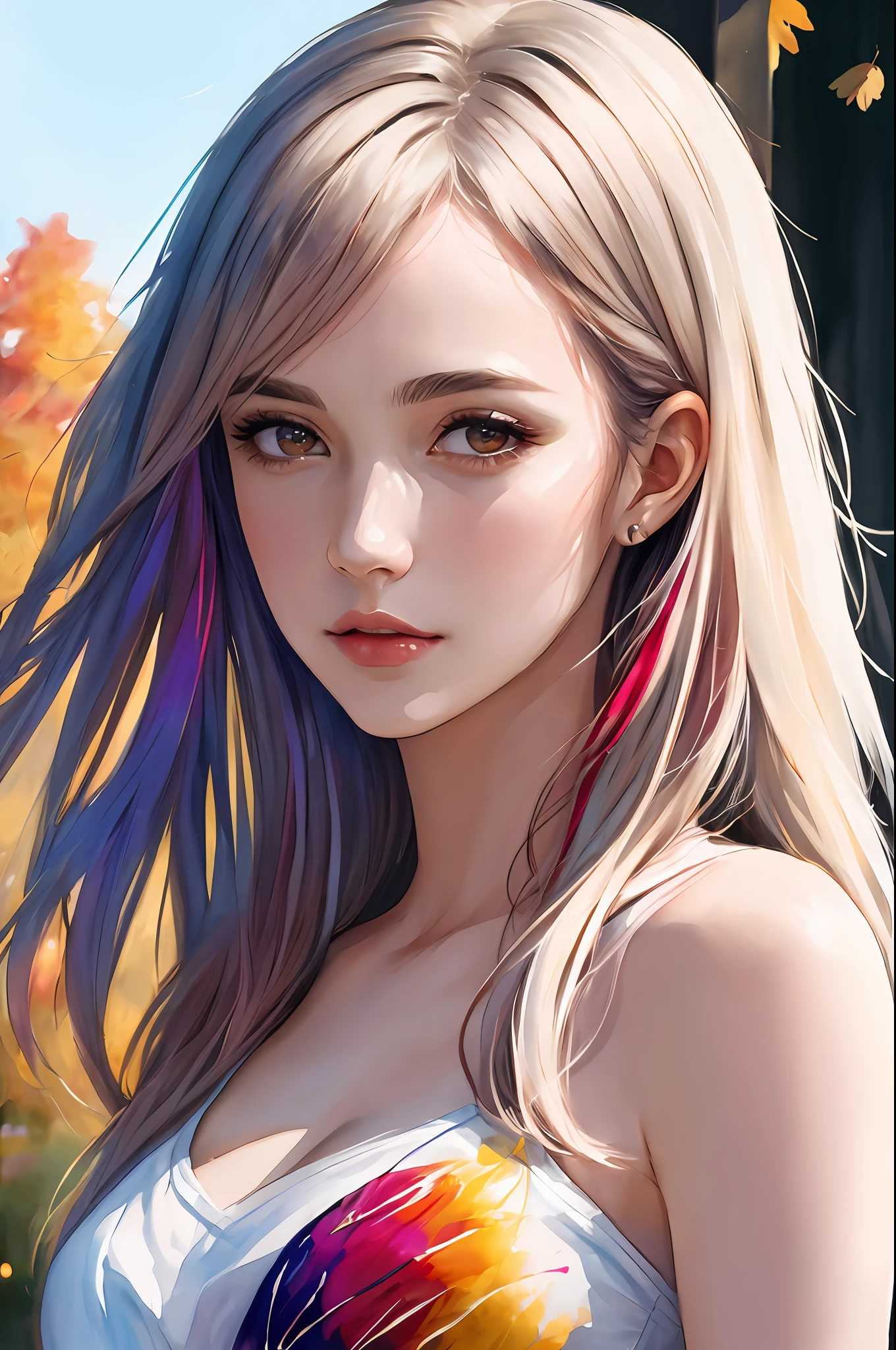 (8k, best quality, masterpiece:1.2),(best quality:1.0), (ultra highres:1.0), watercolor, a beautiful woman, hips up, hair ribbons, by agnes cecile, half body portrait, extremely luminous bright design, pastel colors, (ink:1.3), autumn lights,