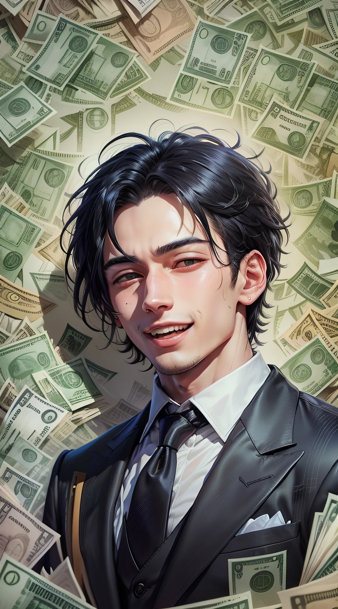 Money fell from the sky, a 24-year-old man with black hair laughed loudly, and a lot of hundred-dollar bills fell in the air, ((male)) --auto --s2