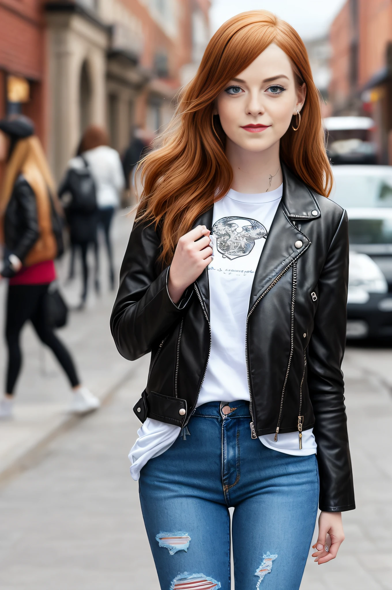 emma stone, realistic skin texture, (black leather jacket, black boot, white t-shirt, ripped jeans), sharp focus, 8K high definition, insanely detailed, intricate, art by Stanley Lau and Artgerm, bar setting, extremely detailed hazelnut eyes, long golden red hair with side bangs, red lips, brown eyeshadow, black outlined, black mascara, chubby, curviline, plump, ear piercing