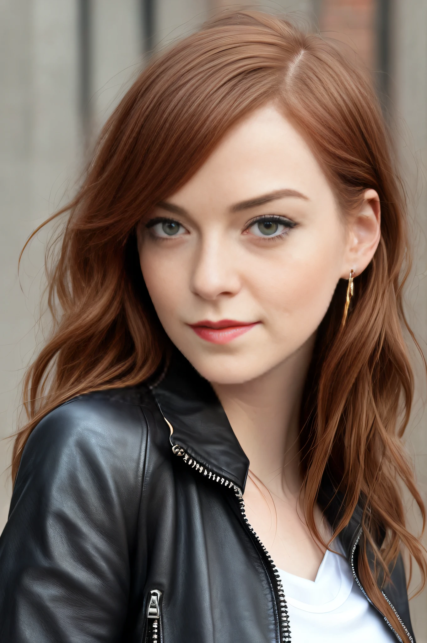 emma stone, realistic skin texture, (black leather jacket, black boot, white t-shirt, ripped jeans), sharp focus, 8K high definition, insanely detailed, intricate, art by Stanley Lau and Artgerm, bar setting, extremely detailed hazelnut eyes, long golden red hair with side bangs, red lips, brown eyeshadow, black outlined, black mascara, chubby, curviline, plump, ear piercing