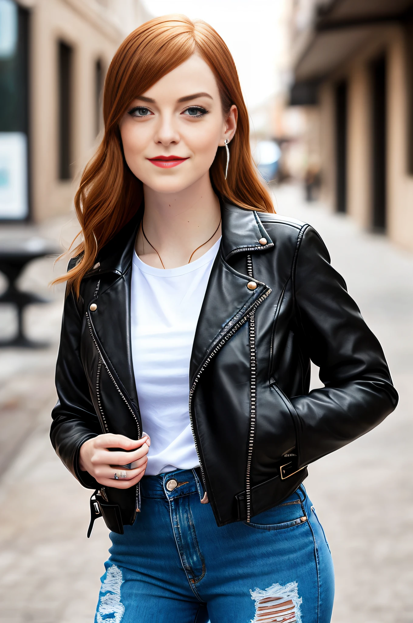 emma stone, realistic skin texture, (black leather jacket, black boot, white t-shirt, ripped jeans), sharp focus, 8K high definition, insanely detailed, intricate, art by Stanley Lau and Artgerm, bar setting, extremely detailed hazelnut eyes, long golden red hair with side bangs, red lips, brown eyeshadow, black outlined, black mascara, chubby, curviline, plump, ear piercing