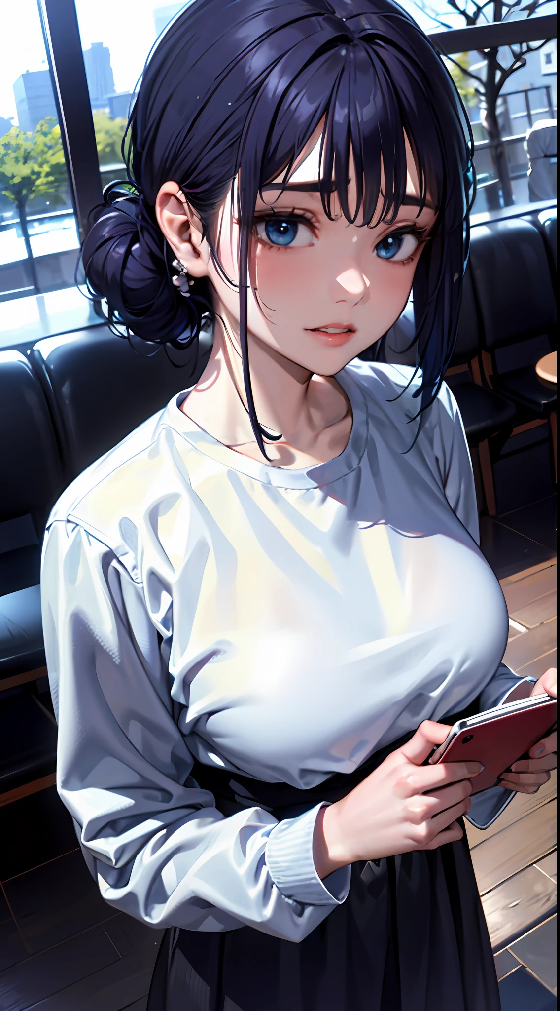 ((masterpiece)), (best quality), (detailed), (1girl), blue hair, blue eyes, updo, white shirt, black dress, looking down on the audience