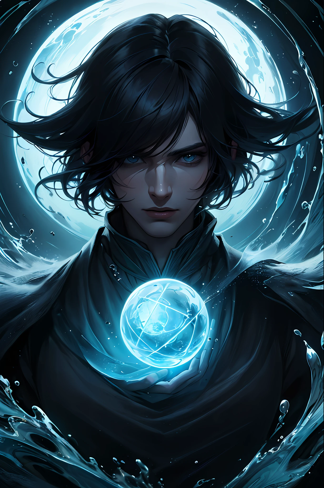 (masterpiece, best quality:1.4),(absurdres, highres, ultra detailed:1.2), (1 handsome man:1.4),(using dark magic:1.4),water magic,playful illustrations, imaginative overlays, artistic fusion,fantastical scenes, evocative narratives, striking visuals, upper body,