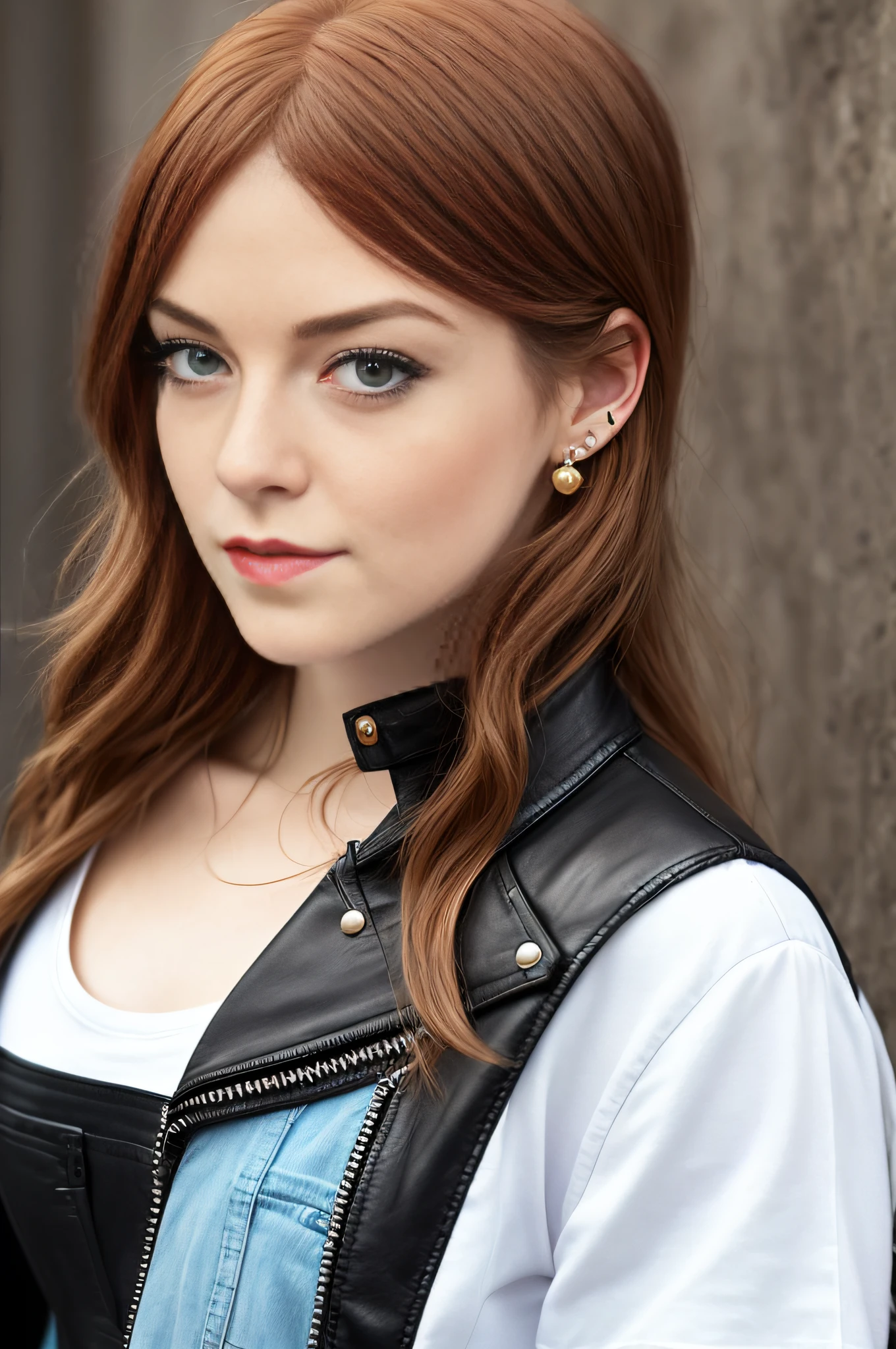 emma stone, realistic skin texture, (black leather jacket, black boot, white t-shirt, ripped jeans), sharp focus, 8K high definition, insanely detailed, intricate, art by Stanley Lau and Artgerm, bar setting, extremely detailed hazelnut eyes, long golden red hair with side bangs, red lips, brown eyeshadow, black outlined, black mascara, chubby,  curviline, plump, ear piercing