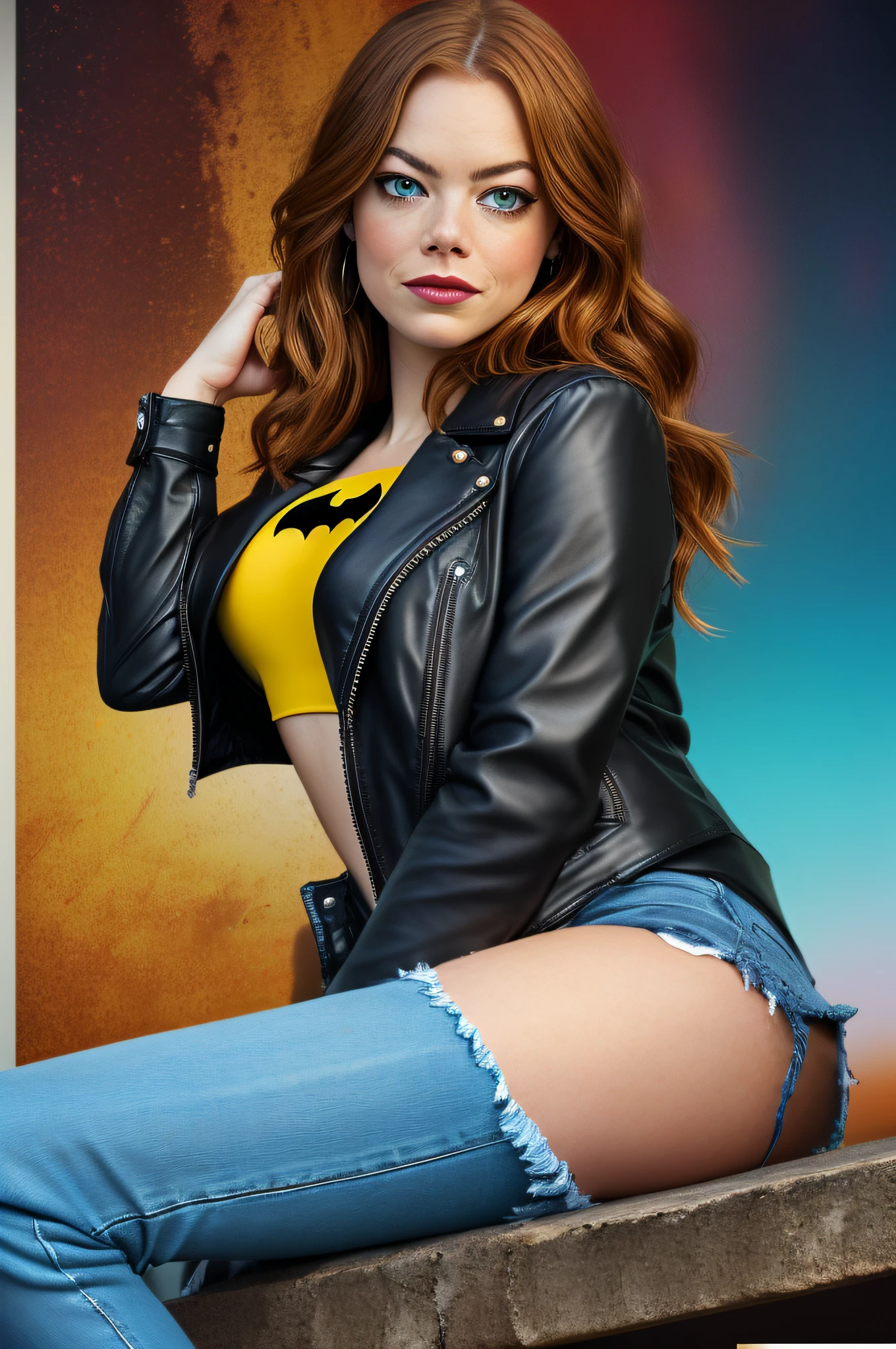 emma stone, realistic skin texture, (black leather jacket, black boot, black t-shirt with Batman symbol, ripped jeans), sharp focus, 8K high definition, insanely detailed, intricate, bar setting, extremely detailed hazelnut eyes, long golden red hair with side bangs, red lips, brown eyeshadow, black outlined, black mascara, chubby, curvilinea, plump,  ear piercing