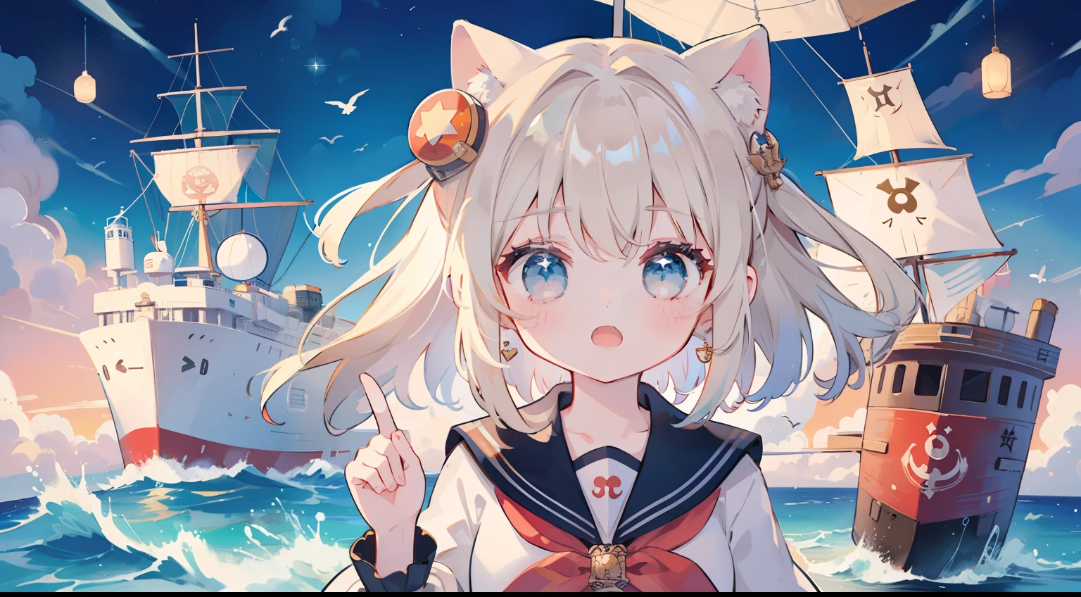 One girl、masterpiece、top-quality、Top image quality、cute little、das boot、Mare、On board the ship、Sailor's costume、onepiece、shortsleeves、Pointing finger、Composition seen from the front