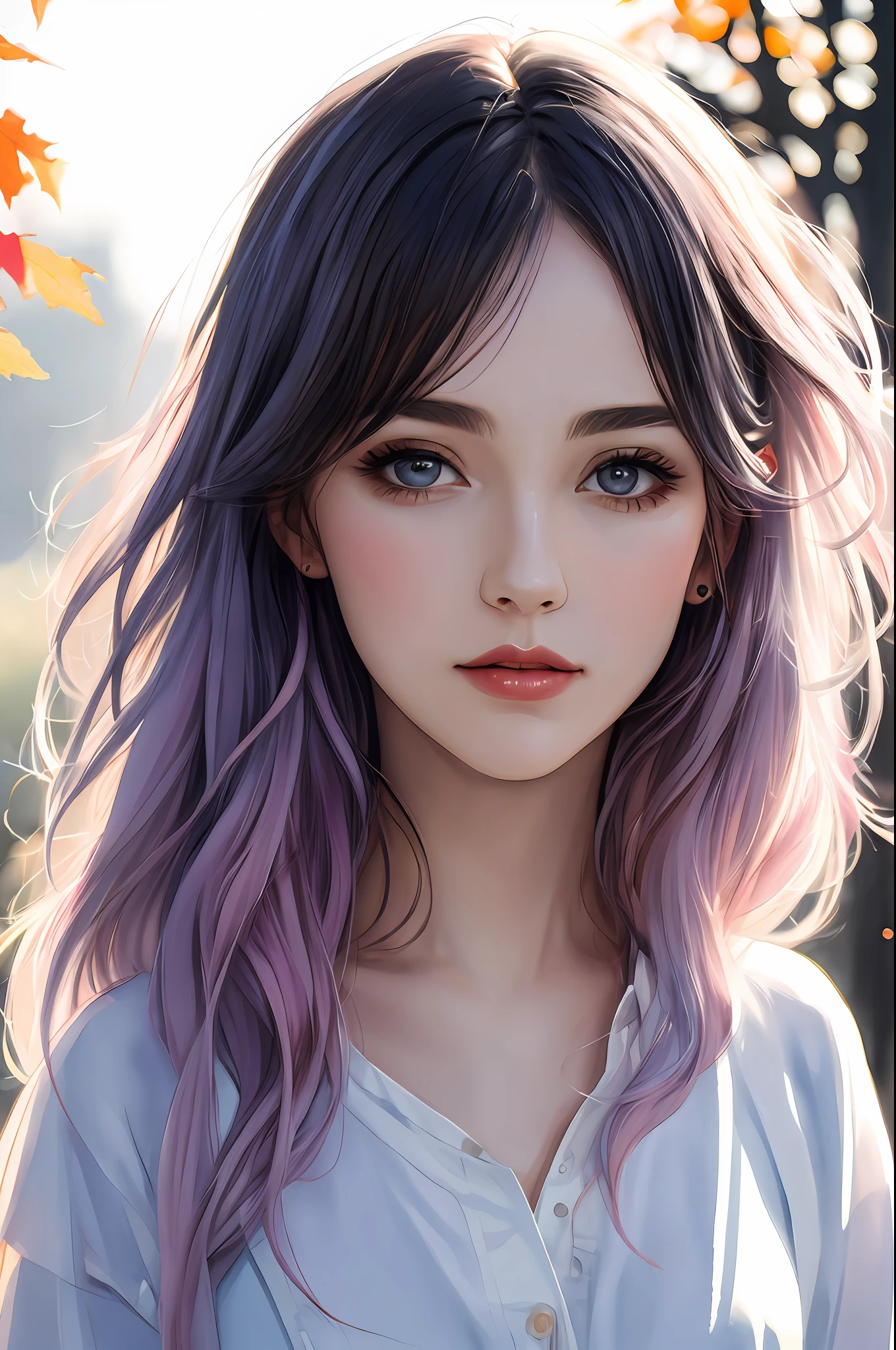 (8k, best quality, masterpiece:1.2),(best quality:1.0), (ultra highres:1.0), watercolor, a beautiful woman, hips up, hair ribbons, by agnes cecile, extremely luminous bright design, pastel colors, (ink:1.3), autumn lights,