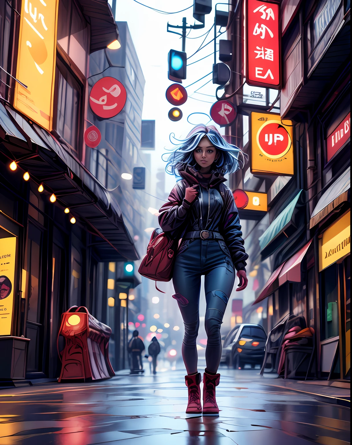 1girl walking down a street in the style of jean giraud moebius, moebius comic art, cinematic, detailed, beautiful lighting, oil painting, hyperrealistic, 8k, 3d, wide angle, trending on artstation, behance, deviantart and cgsociety, concept art, smooth, sharp focus, illustration, unreal engine 5