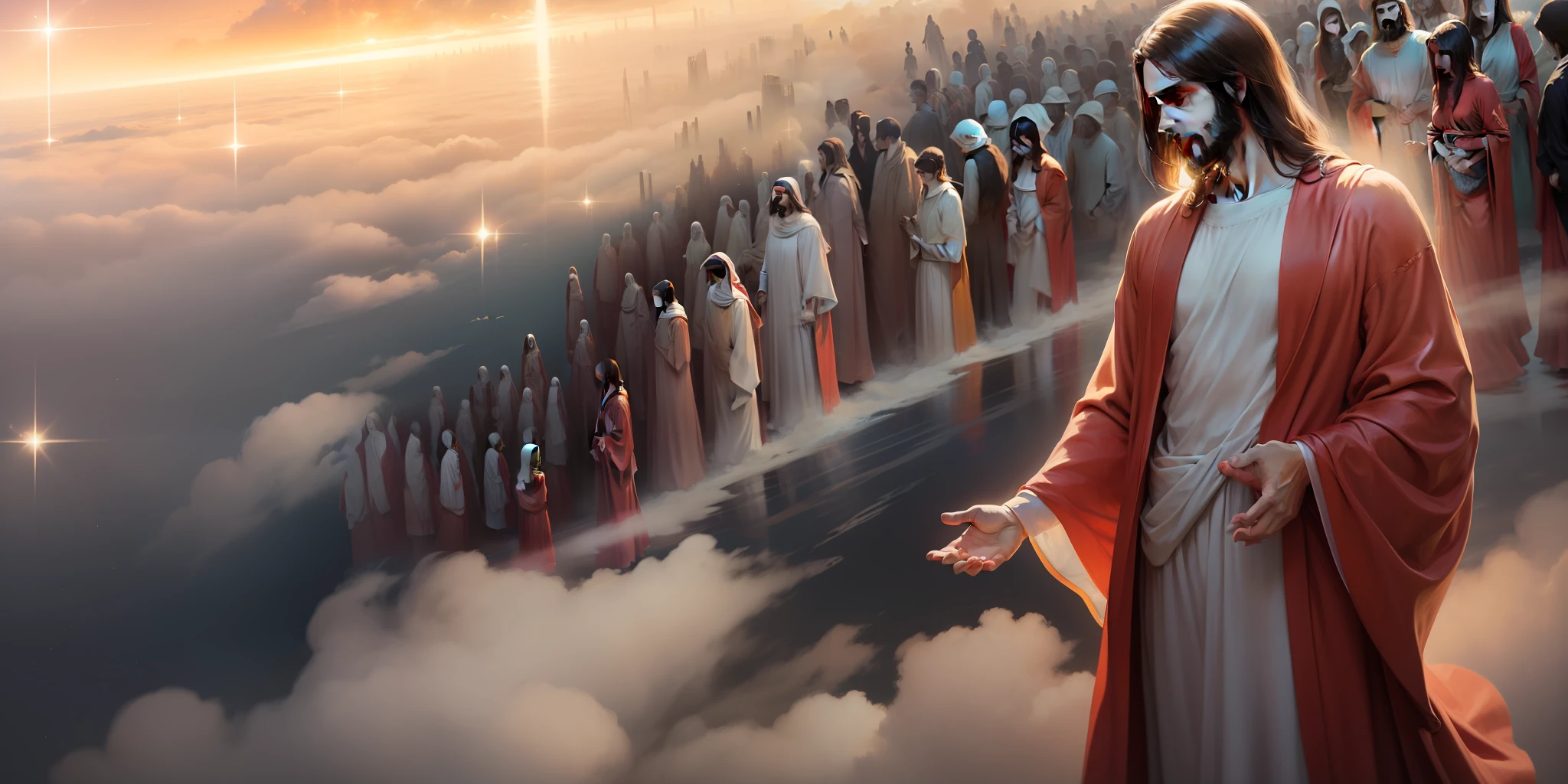 Jesus Christ in a red robe along with his children clothed in white in the clouds of the heavens. Imagem 16:9, melhor qualidade, obra prima