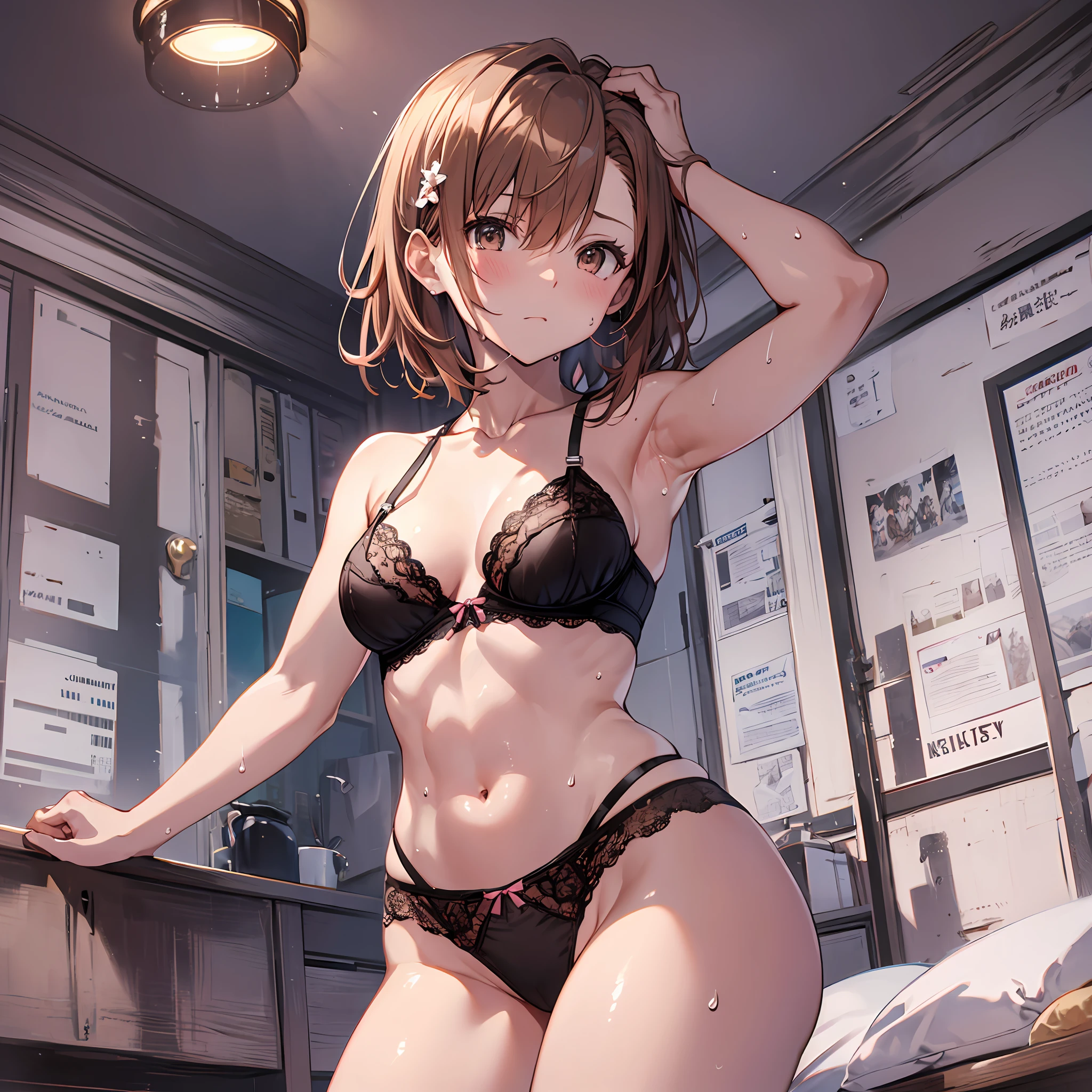 4kqulity, top-quality, Misaka_mikoto, Brown-eyed, Short_hair, Small_Breast,)on the beds Pink lingerie 16age sexypose Bewitching Mass sweat soaked body Miwaki beauty legs Beautiful abs Face to feel Love