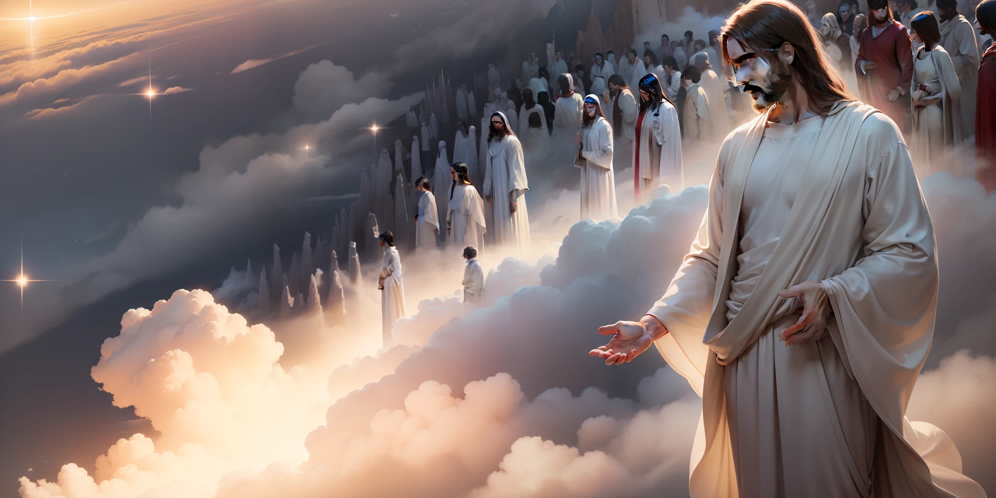 Jesus Christ in a red robe along with his children clothed in white in the clouds of the heavens. Imagem 16:9, melhor qualidade, obra prima