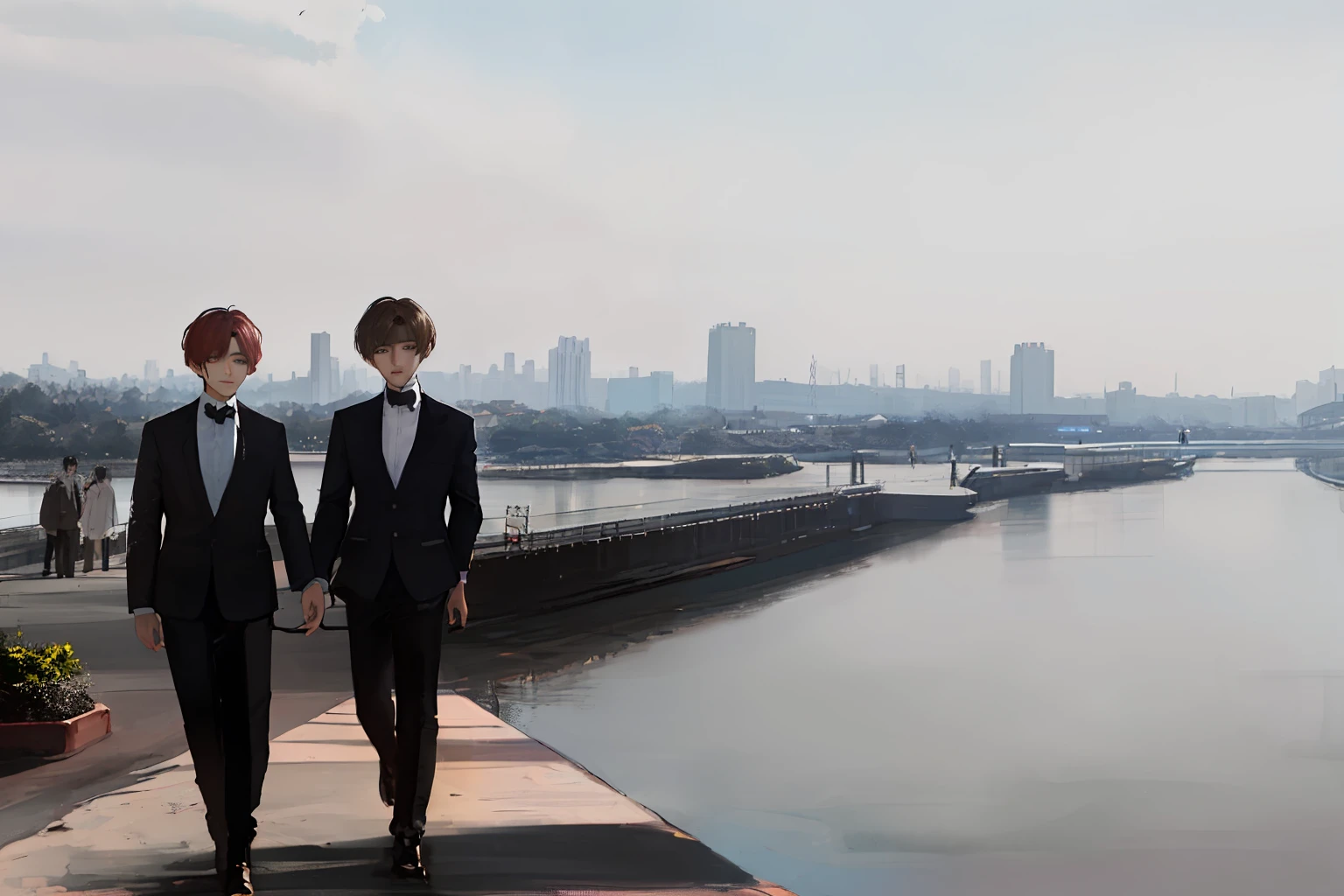 Jungkook and Taehyung walking in the han river