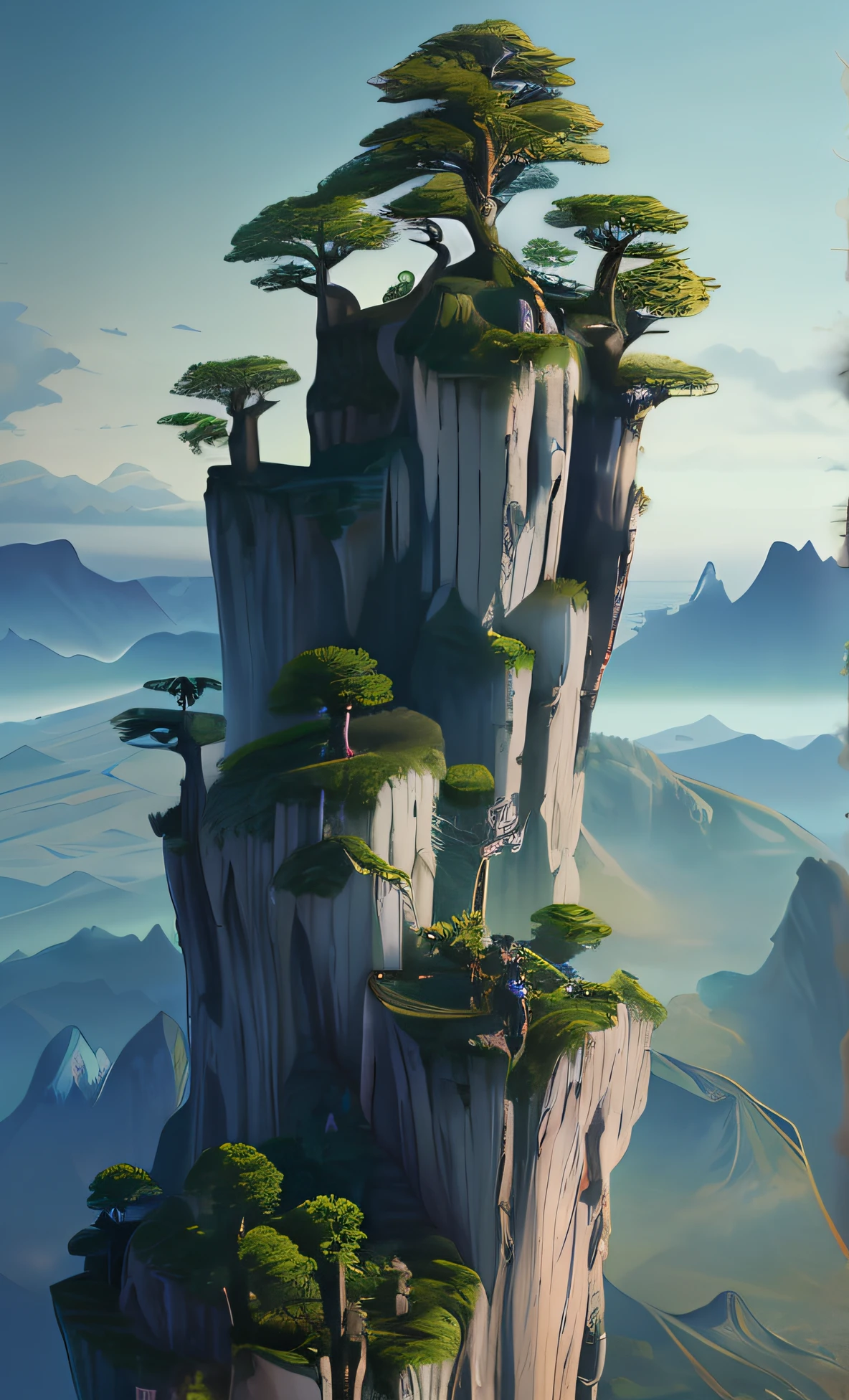 There is a close-up of a tree at the top of the mountain, 4k vertical wallpaper, 4k vertical wallpaper, 8k vertical wallpaper, 8k vertical wallpaper, vertical wallpaper, Floating mountains, 4k highly detailed digital art, 4K detailed digital art, incredible high details, detailed trees and cliffs, impressive fantasy landscape, made of tree and fantasy valley,A six-year-old girl stands next to the largest tree at the top of the mountain,The girl was dressed in black and red Chinese style antique clothes
