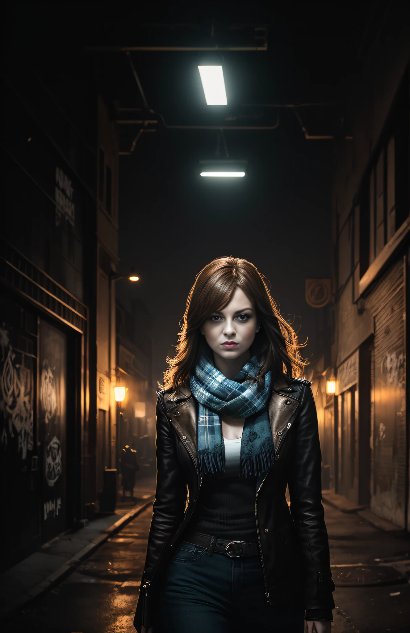 Emma Stone, (dark photo: 1.1), realistic epic, halo portrait, blue eyes, plaid scarf, long white hair, by Atey Ghailan, by Greg Rutkowski, by Greg Tocchini, by James Gilleard, by Joe Fenton, by Kaethe Butcher, yellow gradient, black, brown and magenta color scheme, grunge aesthetic!! Graffiti brand wall background, art by Greg Rutkowski and Artgerm, soft cinematic light, Adobe Lightroom, Photo Lab, HDR, intricate, highly detailed, (depth of field: 1.4), faded, (neutral colors: 1.2), (HDR: 1.4), (soft colors:1.2), hyperdetailed, (Artstation:1.4), cinematic, warm lights, dramatic light, (intricate details:1.1), complex background, (Rutkowski:0.66), (blue and orange:0.4)