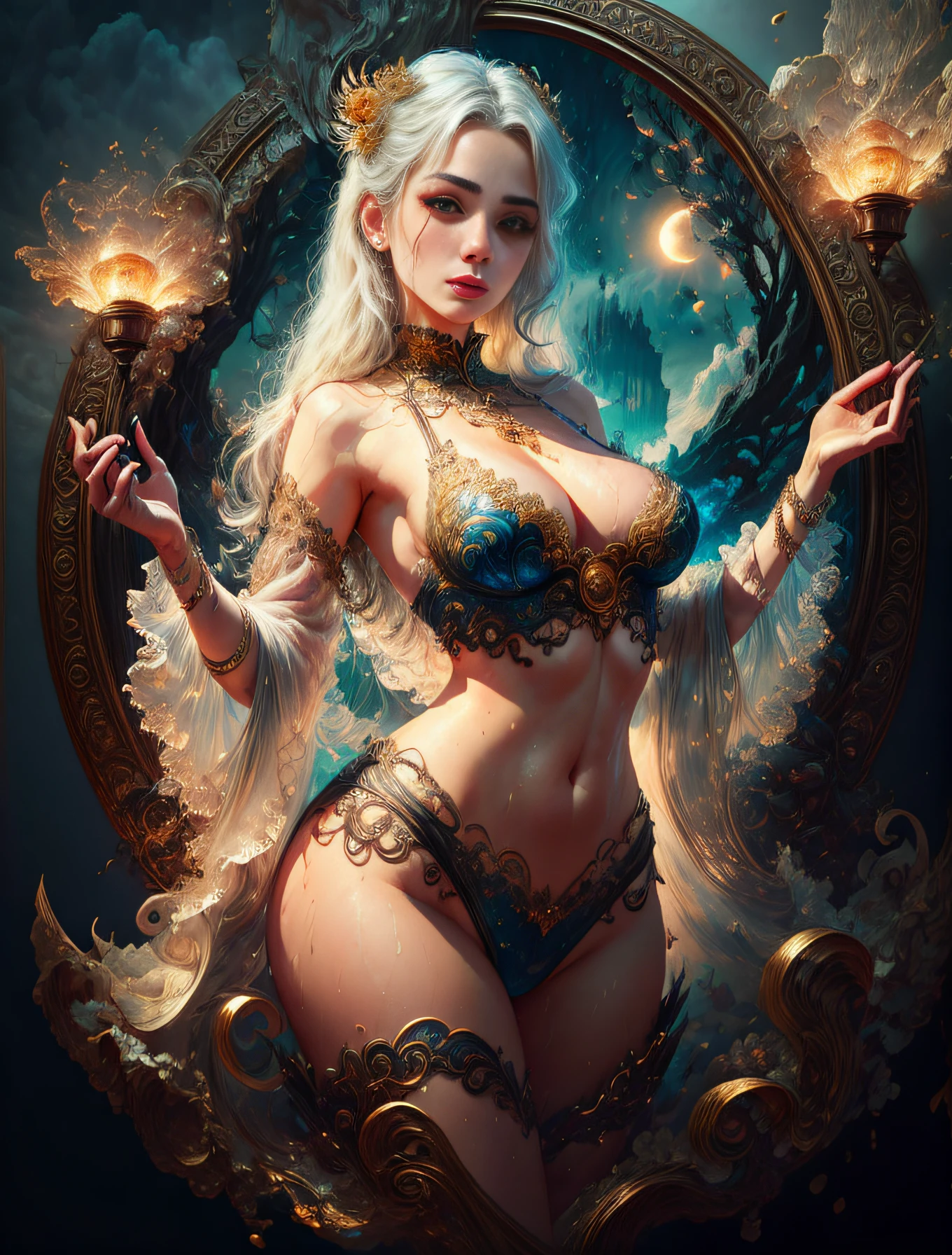 face by tom bagshaw art station,, Moon Goddess, Full Length Figure, Contemptuous Gaze, Detailed Face, (Naked: 1.4), (See-Through Lingerie: 1.3), Gold Decoration, Black Plain Background,beautiful caucasian girl close-up, body in dynamic movement, oil, digital art, splash, full body,art by Sakimichan,oriental mandala tattoo, fractal background, silver and gold and bronze spirit,floating antique clock, lamp ancient, splash,seductive pose, visible pubic hair, breasts visible,full body,beautiful European Caucasian Girl, Beauty, sexy, bare breast, cleavage, bare legs, see-through, standing, hanfu, wet, clear, realistic, highest detail, dragon pattern, phoenix, sacred, holy, golden mountains, heavenly palace, countless palaces, clouds, golden light, golden lotus, (tianchi bath), view of pubic hair,splash, full body,art by Sakimichan,slight smile,plash,seductive pose, visible pubic hair, breasts visible,full body,Transparent clothing, slight smile,Jean-Baptiste Monge style, bright, beautiful , splash, Glittering , cute and adorable, filigree, , rim lighting, lights, extremely , magic, surreal, fantasy, digital art, , wlop, artgerm and james jean,floating antique clock, lamp ancient, splash,floating antique clock,face by tom bagshaw art station,, The perfect masterpiece,Highest quality,Perfect artwork,8K, Upper Body Lens,front portrait,Delicate face,Watching the audience, beautifuGirl,Magical transparent eyes,white hair,Red background, Digital Art,plane illustrations,colorful illustration,minimalist style,anime cartoon style,face by tom bagshaw art station, view of pubic hair,Goddess maiden, gorgeous, splashing, flame, flowing pen and ink,full female body, beautiful caucasian girl close-up, body in dynamic movement,fluid, 3d fractals, light particles, spirit ink, smooth, shimmery, dreamy glow, 16k, sf, complex art masterpiece, Transparent clothing, slight smile,, open legs, view of pubic hair, 1 sexy girl in transparent forest clothes,exposed breasts, open transparent t-shir