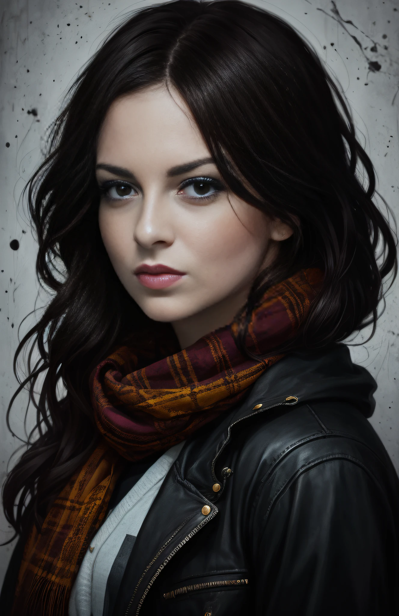 Emma Stone, (dark photo: 1.1), realistic epic, halo portrait, blue eyes, plaid scarf, long white hair, by Atey Ghailan, by Greg Rutkowski, by Greg Tocchini, by James Gilleard, by Joe Fenton, by Kaethe Butcher, yellow gradient, black, brown and magenta color scheme, grunge aesthetic!! Graffiti brand wall background, art by Greg Rutkowski and Artgerm, soft cinematic light, Adobe Lightroom, Photo Lab, HDR, intricate, highly detailed, (depth of field: 1.4), faded, (neutral colors: 1.2), (HDR: 1.4), (soft colors:1.2), hyperdetailed, (Artstation:1.4), cinematic, warm lights, dramatic light, (intricate details:1.1), complex background, (Rutkowski:0.66), (blue and orange:0.4)