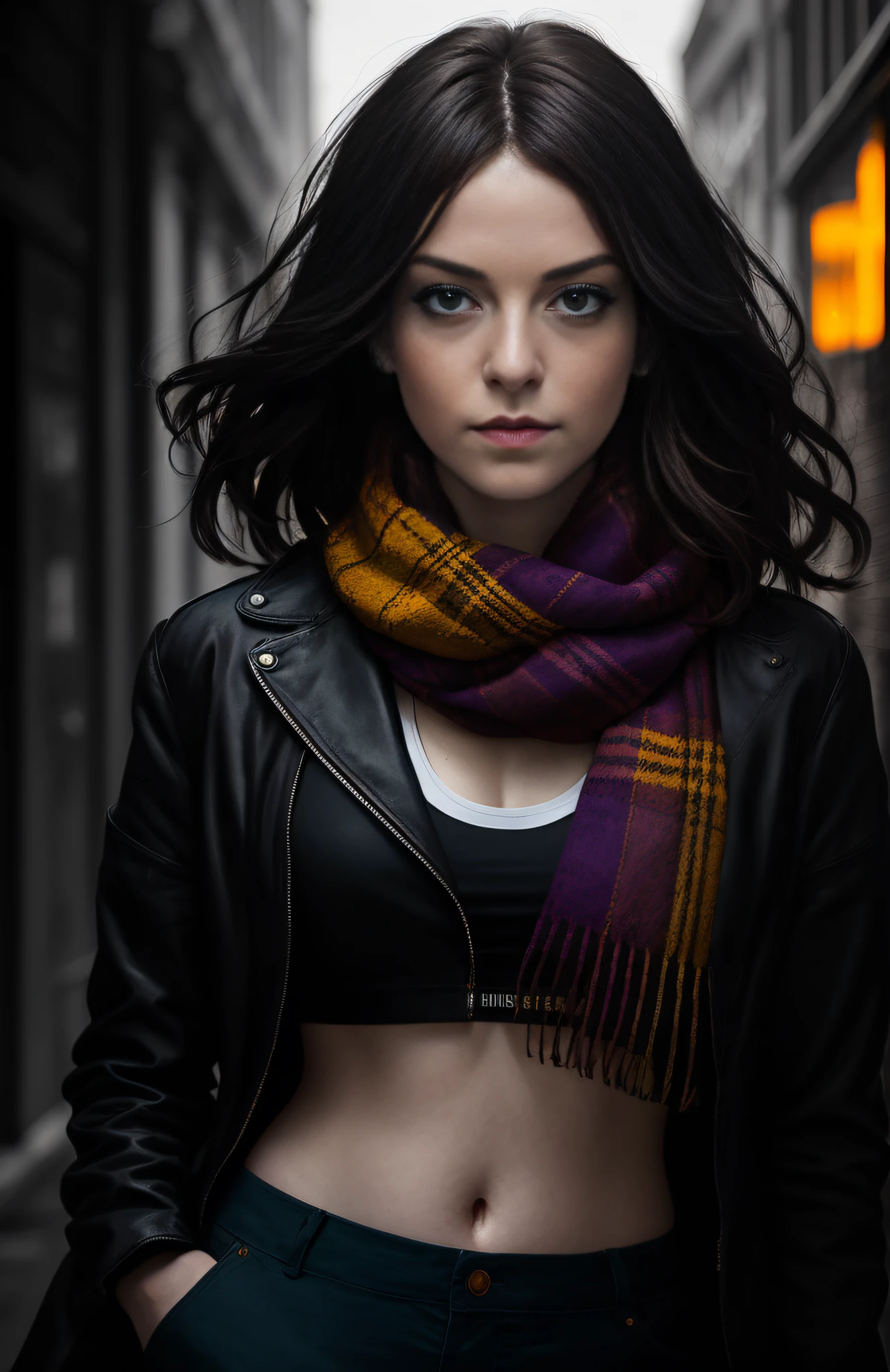 Emma Stone, (dark photo: 1.1), realistic epic, portrait of Halo, blue eyes, plaid scarf, long white hair, by Atey Ghailan, by Greg Rutkowski, by Greg Tocchini, by James Gilleard, by Joe Fenton, by Kaethe Butcher, yellow gradient, black, purple and red color scheme, grunge aesthetic!! Graffiti brand wall background, art by Greg Rutkowski and Artgerm, soft cinematic light, adobe lightroom, photo lab, HDR, intricate, highly detailed, (depth of field: 1.4), faded, (neutral colors: 1.2), (hdr: 1.4), (soft colors:1.2), hyperdetailed, (artstation:1.4), cinematic, warm lights, dramatic light, (intricate details:1.1), complex background, (rutkowski:0.66), (blue and orange:0.4), chubby, curvilinea, plump