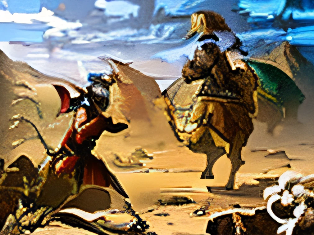 uma foto de dois homens lutando no deserto, Davi e Golias, Pintura de Golias, age of empires, liderando uma batalha, Atividade com luta em espadas, epic battlescene, Directed by: Nicholas Marsicano, Campo de batalha antigo, age of empires ii, age of empires 3, epic biblical representation