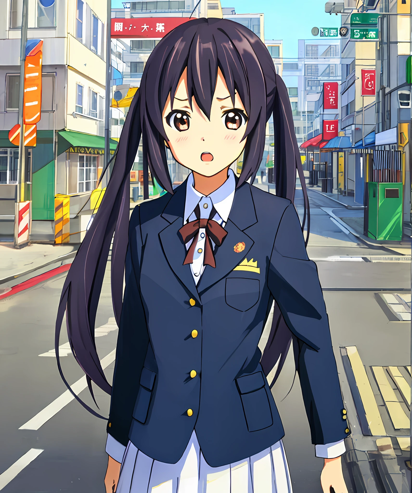 1girl, (((masterpiece))), top-quality, top-quality, High Details, nakano azusa, 1girl, Sakuragaoka High School Uniform, student clothes, Twin-tailed, length hair, A dark-haired, brown-eyed, 独奏, reddish, Dark blue blazer with thin red ribbon, Solid white buttoned shirt under blazer, illustratio, comic strip, soothing tones, Subdued Color, Soft cinematic light, adobe lightroom, photolab, HDR, intricately and hyper-detailed、(((depth of fields))))。(((masterpiece)))。(((top-quality))).)((ultra-detailliert)))。(((illustratio)))。(((takeout))).dynamic focus.small breasts.(((Skyscrapers))).(((A city scape))).(((Face of sadness))). open mouth.(((put hands on the hip))).(((up chest))).